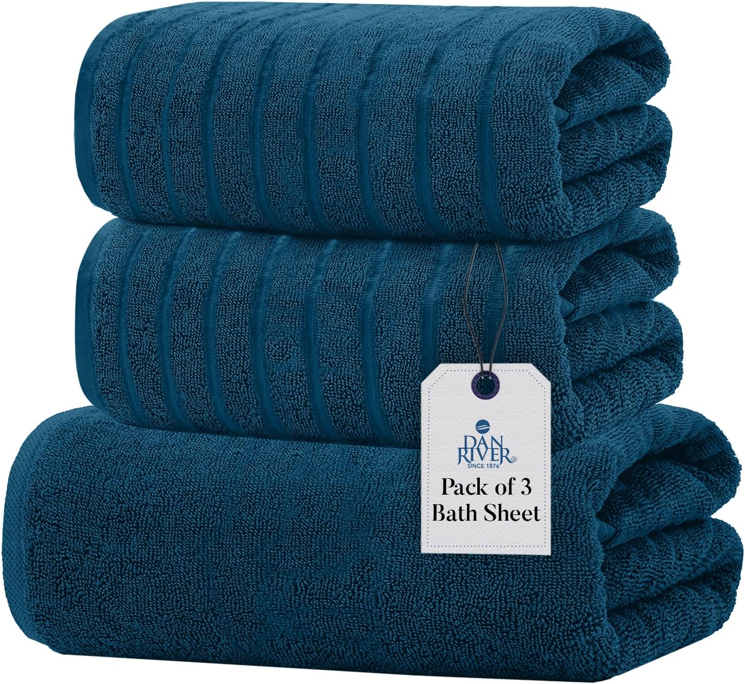 DAN RIVER 3-Piece Towel Set: 1 Oversized Bath Sheet (40x80 Inches) & 2 Bath Sheets (35x70 Inches), 550 GSM - Blue Opal