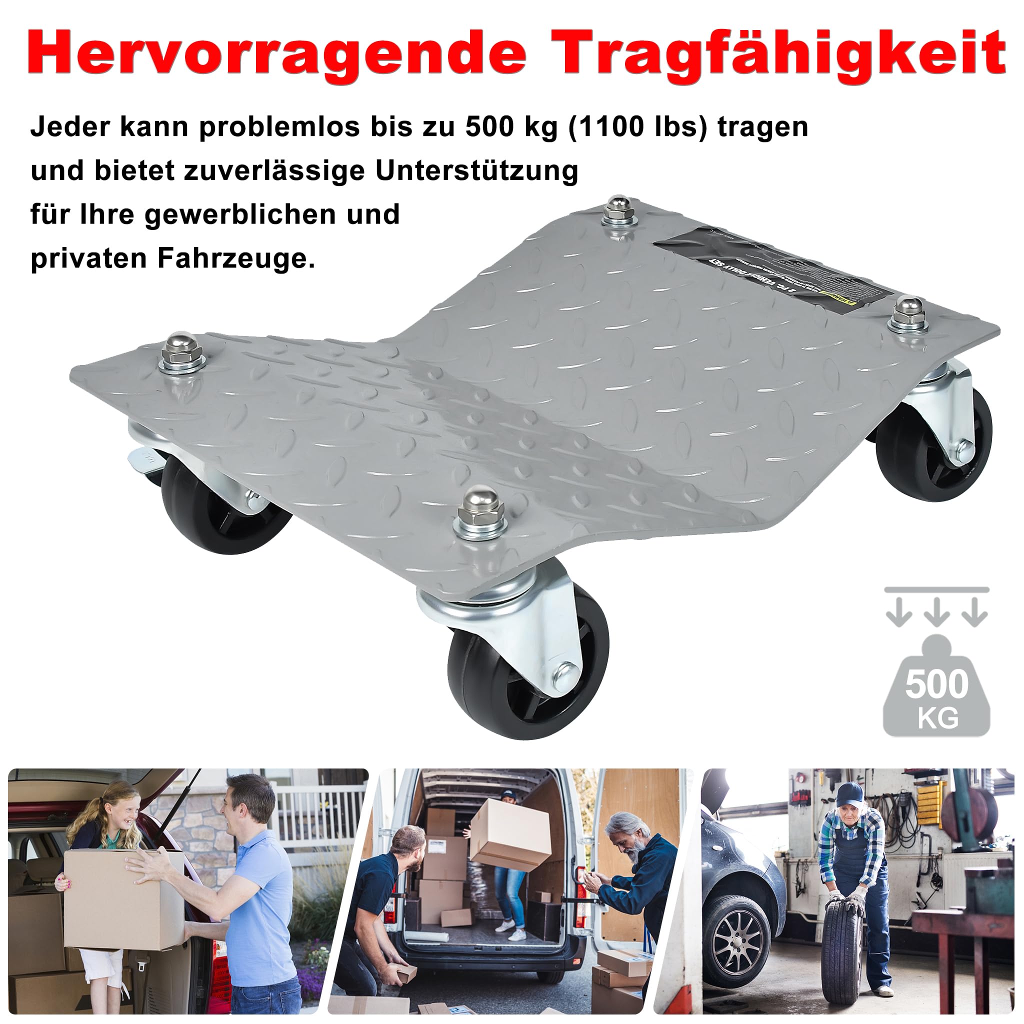 2 Stück Rangierhilfe für PKW Auto, Tragbarer Reifenwagen Rangierroller Rangierheber Roller Wagenheber, bis zu 1000 KG