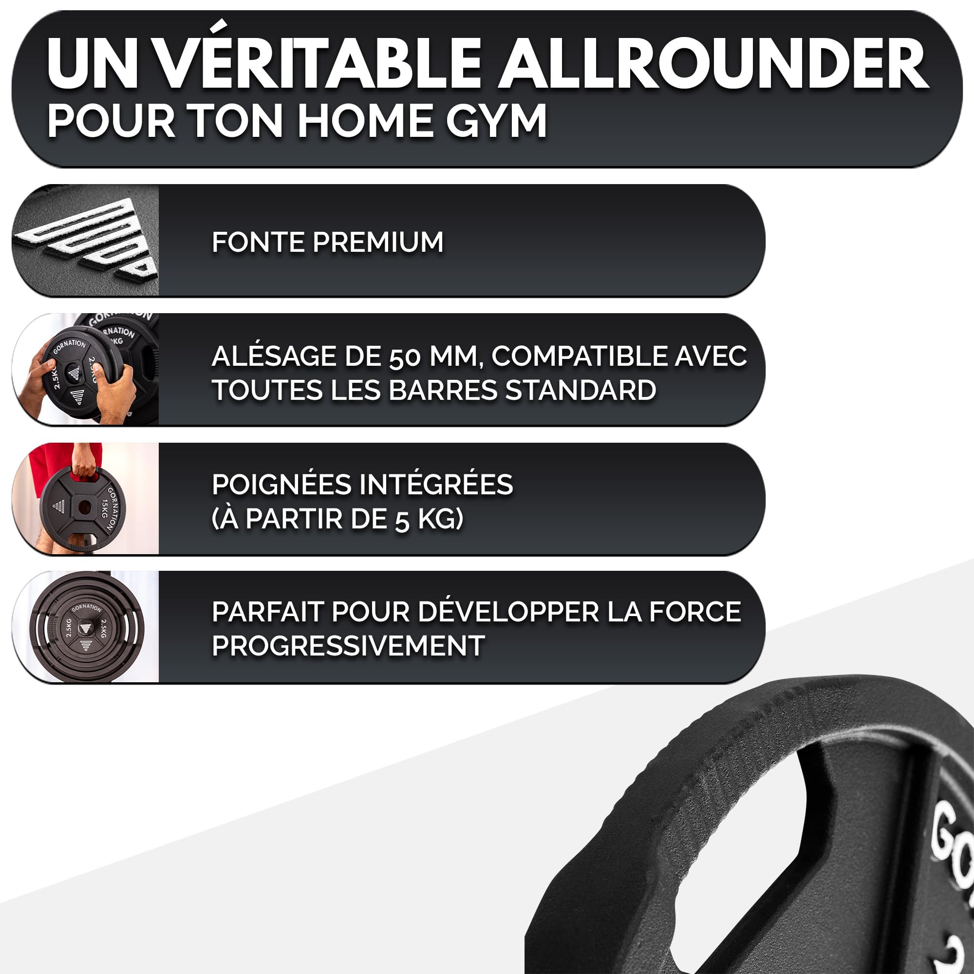GORNATION Disques de Musculation 50 mm en Fonte, Disques Olympiques pour Barre et Haltères, Weight Plates avec Poignées, Set de Poids pour Musculation, Fitness et Calisthenics