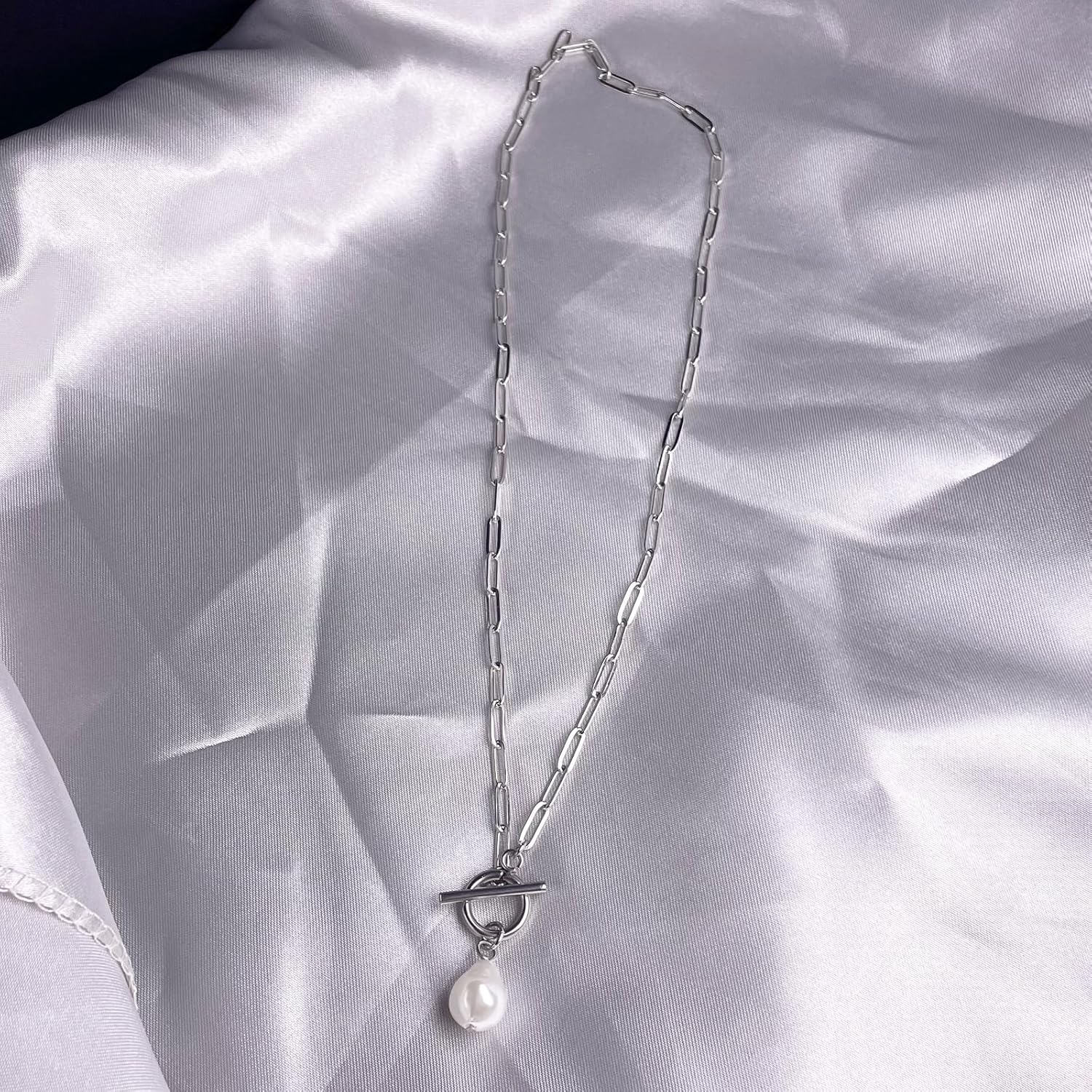 Baroque Pearl Paperclip Toggle Necklace for Women Gold Paperclip Chain Necklace Pearl Jewelry Christmas Gift for Girlfriend Wife - Image 4