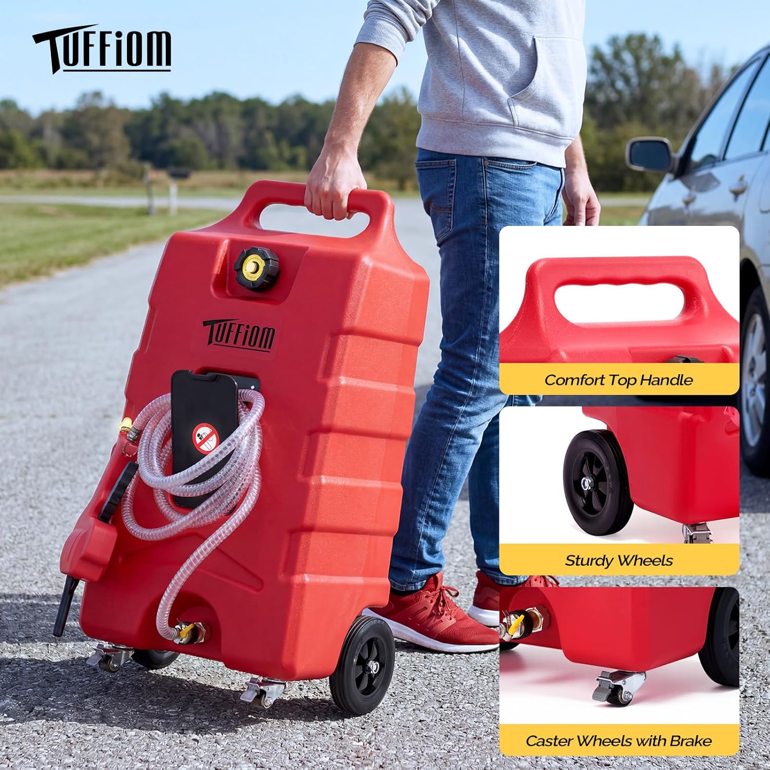 TUFFIOM 15 Gallon Portable Gas Caddy w/Locking Swivel Casters, Fuel Storage Tank, Gasoline Diesel Can with Manual Fuel Transfer Pump for Automobile ATV Mower Tractor Boat Motorcycle