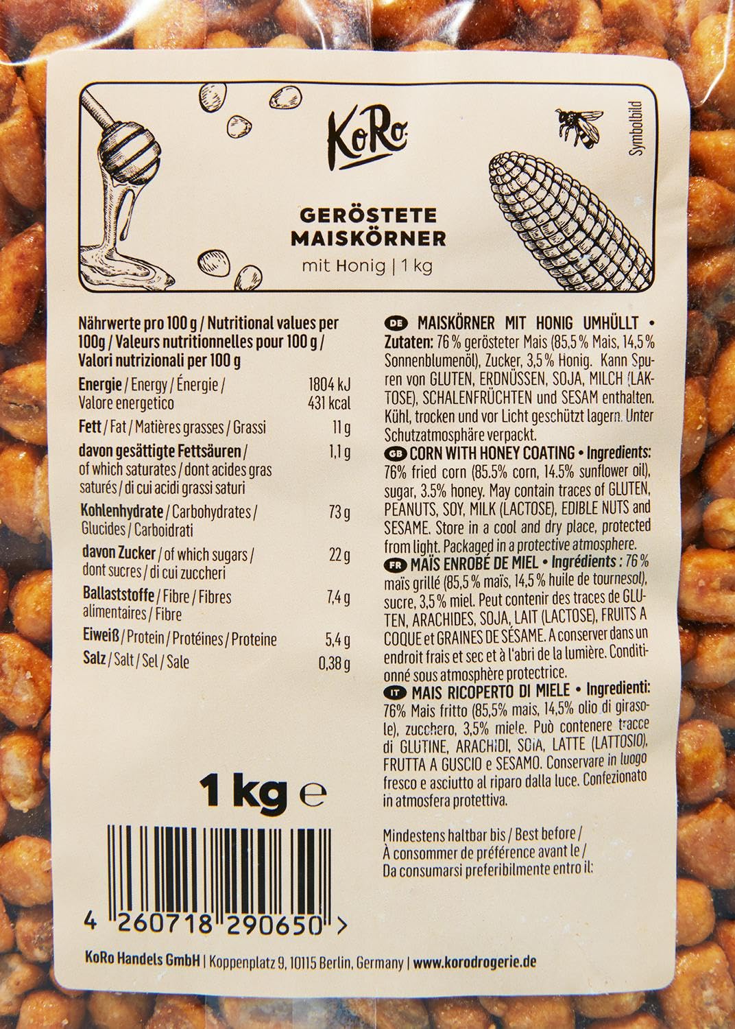 KoRo - Mais tostato con miele 1 kg - snack dolce e salato - super crunchy - vegetariano