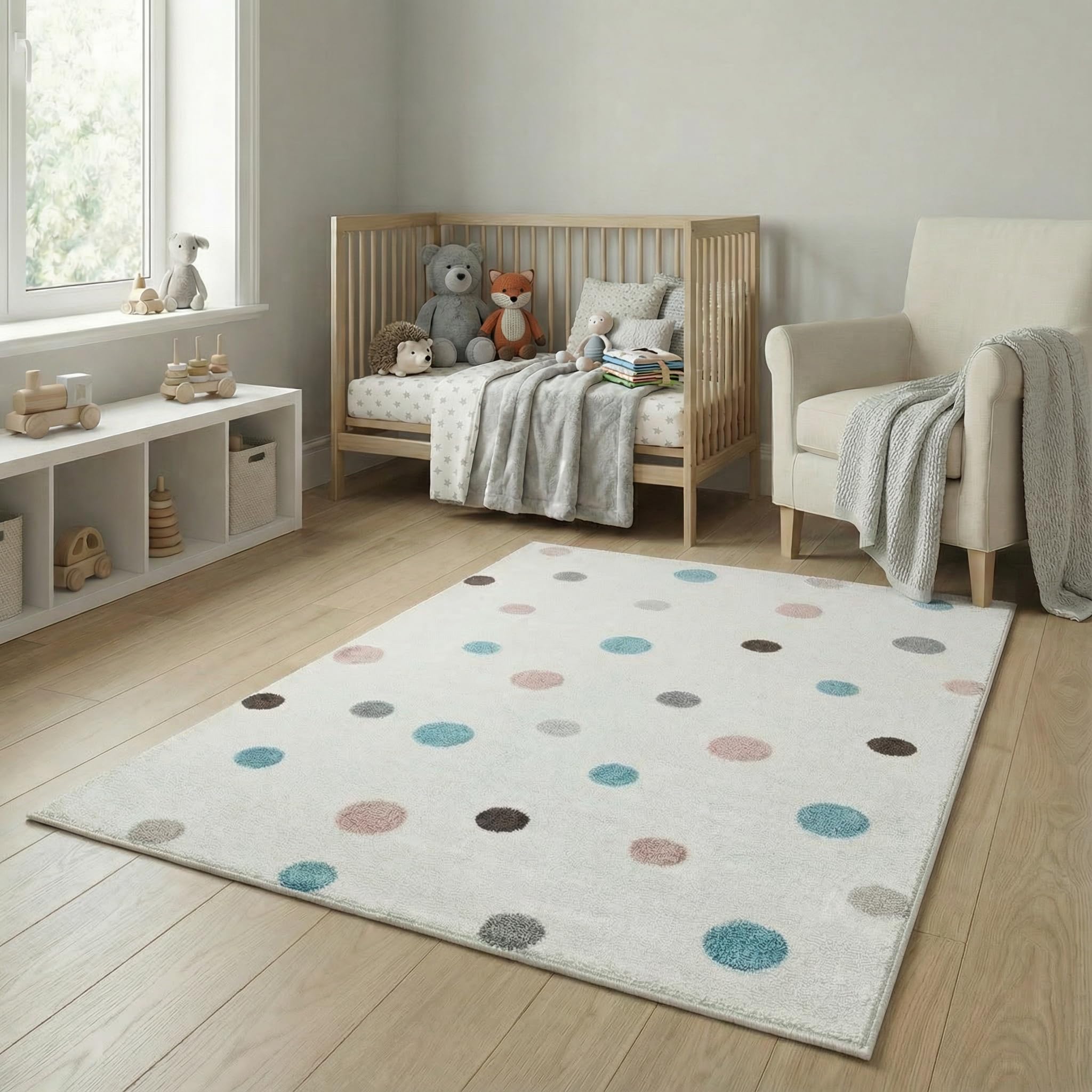 Jimri Kinderteppich DOTS l Pünktchen Gepunktet l Öko-Tex Siegel | Farbe: Beige Blau Rosa | Kinderzimmer/Jugendzimmer (Weiß, 160 x 230 cm)