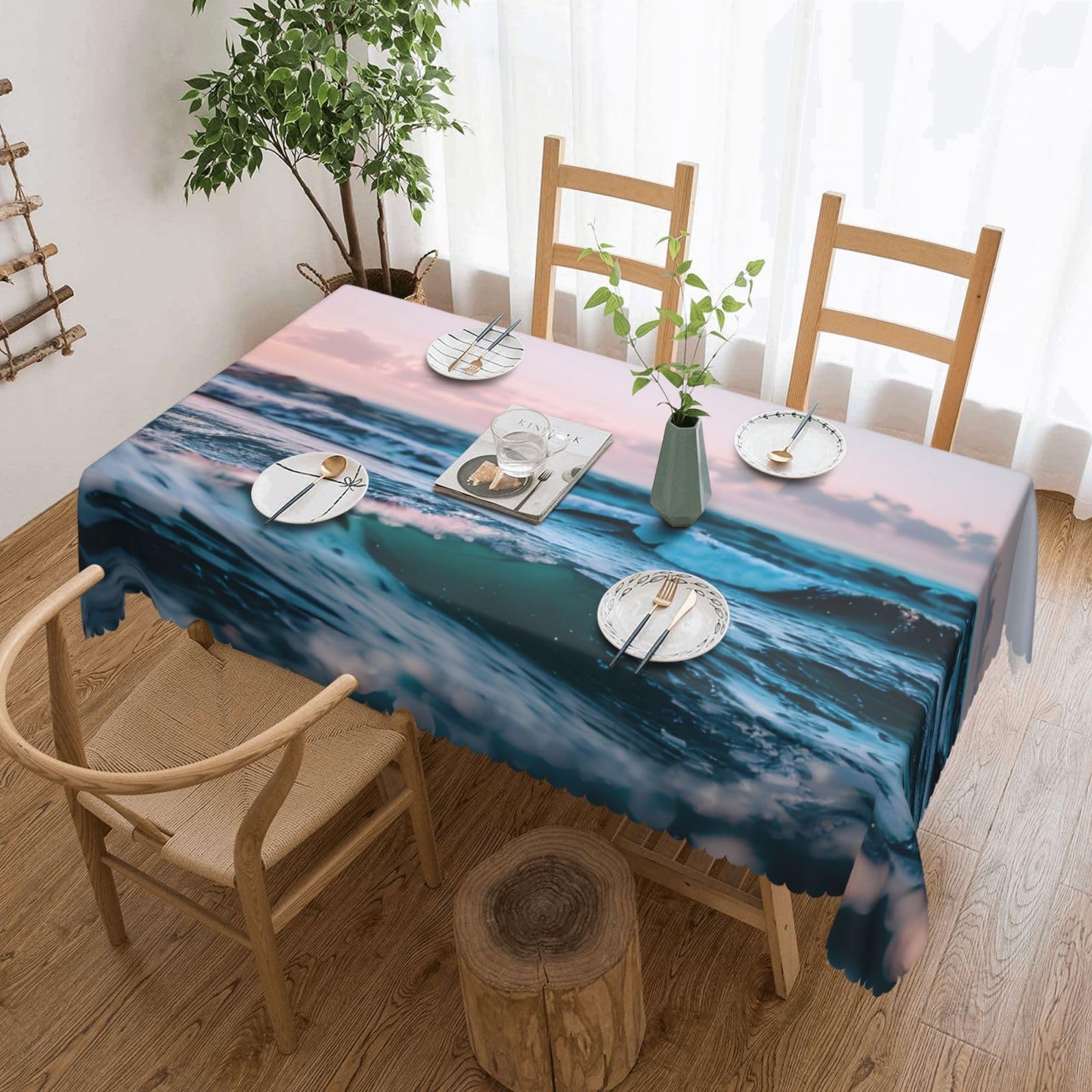 Nappe rectangulaire vagues de l'océan en tissu noble pour salle à manger