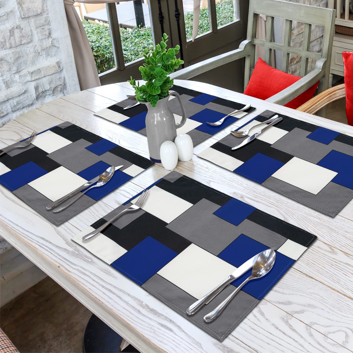 Juego de 4 manteles individuales cuadrados geométricos, impermeables, de arpillera, lavables, para decoración del hogar y la cocina (azul negro, 12 pulgadas de ancho x 18 pulgadas de largo)
