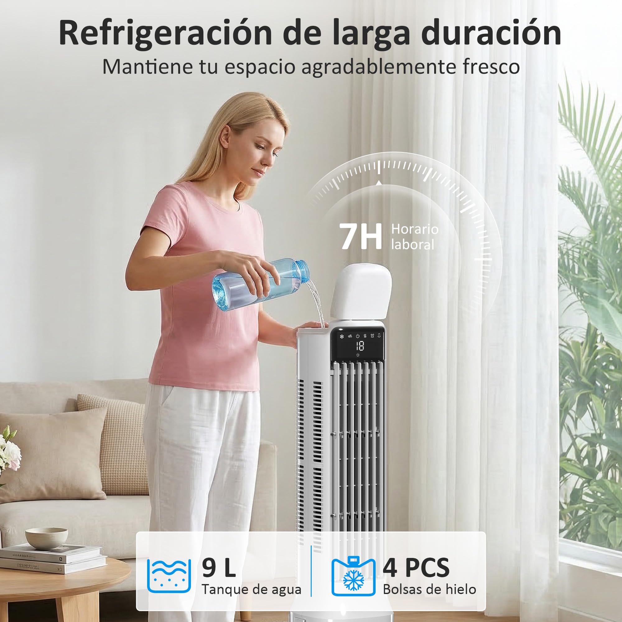 HOMCOM Climatizador Evaporativo de Torre 3 en 1, Enfriador de Aire Portátil con Depósito de 9 L, Oscilación 48°, 3 Velocidades, 3 Modos, Temporizador 24h y Mando a Distancia, 4 Acumuladores de Frío