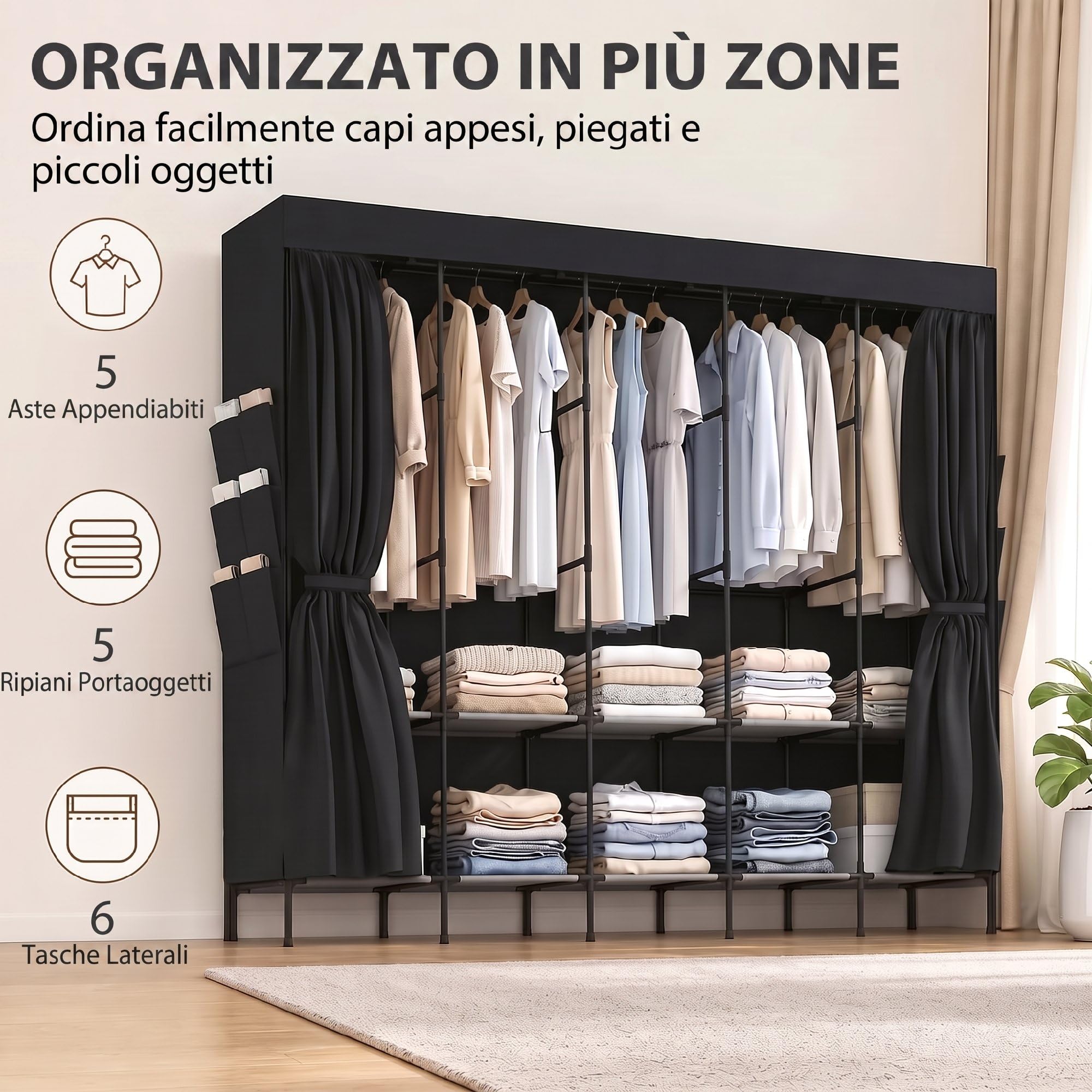 HOMCOM Armadio in Tessuto Salvaspazio 5 Aste 5 Ripiani 212x45x167 cm, Nero