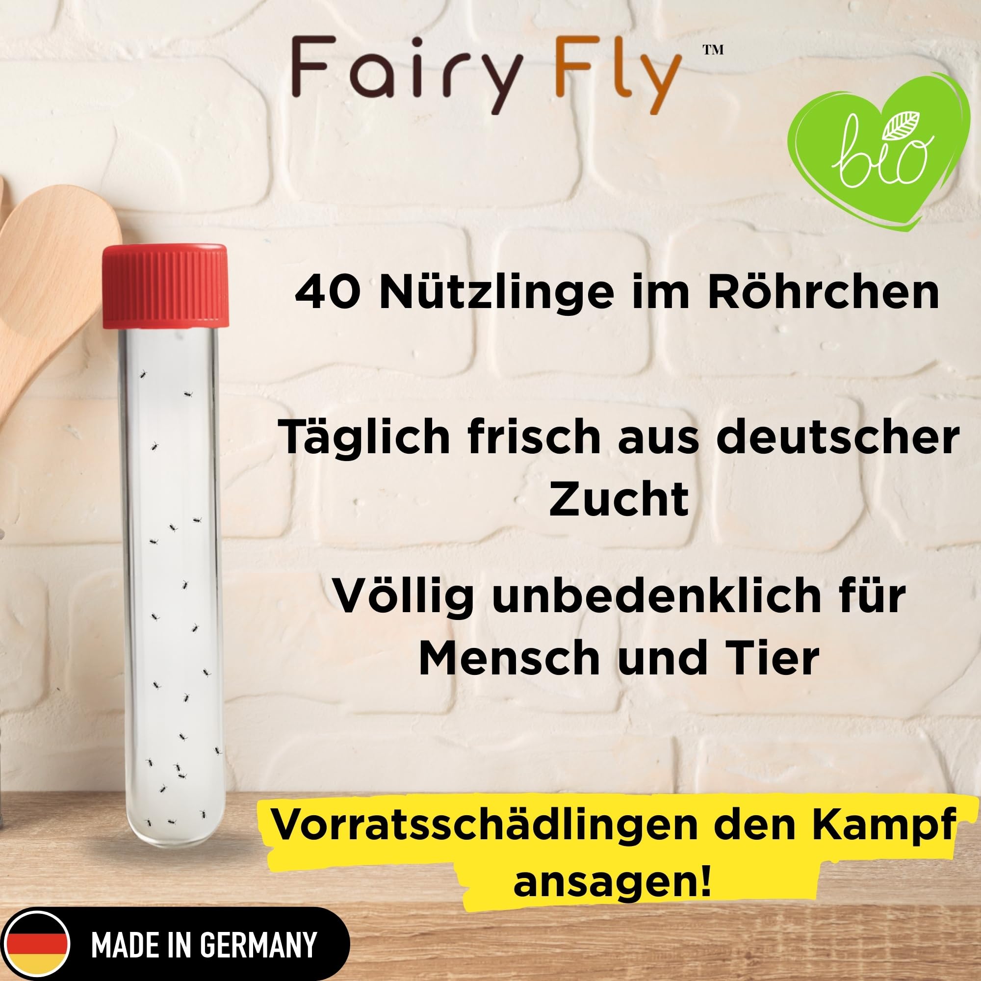 Lagererzwespen gegen Brotkäfer, Kornkäfer & Messingkäfer – 1 Röhrchen à 40 Nützlinge – Biologische Alternative zur Brotkäfer Falle – 100% chemiefrei – Made in Germany