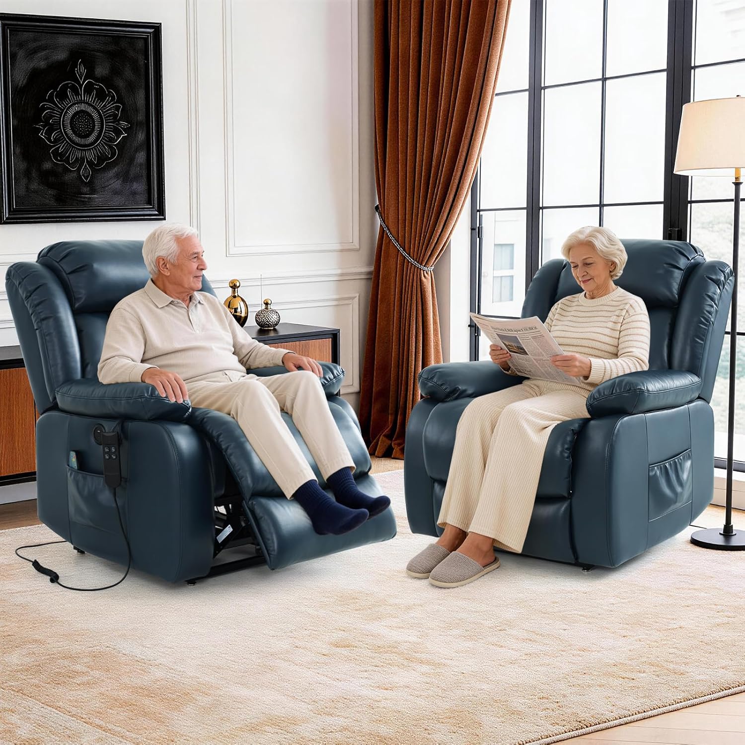 Lift Recliner Chair, Dual Motor Infinite Position Lay Flat Lift Chairs with 8-Point Massage & Heat,USB/Type-C Ports, Dual Remote Control,Heavy Duty 350lbs Capacity, Width 18.6" (Leather, Dark Blue)