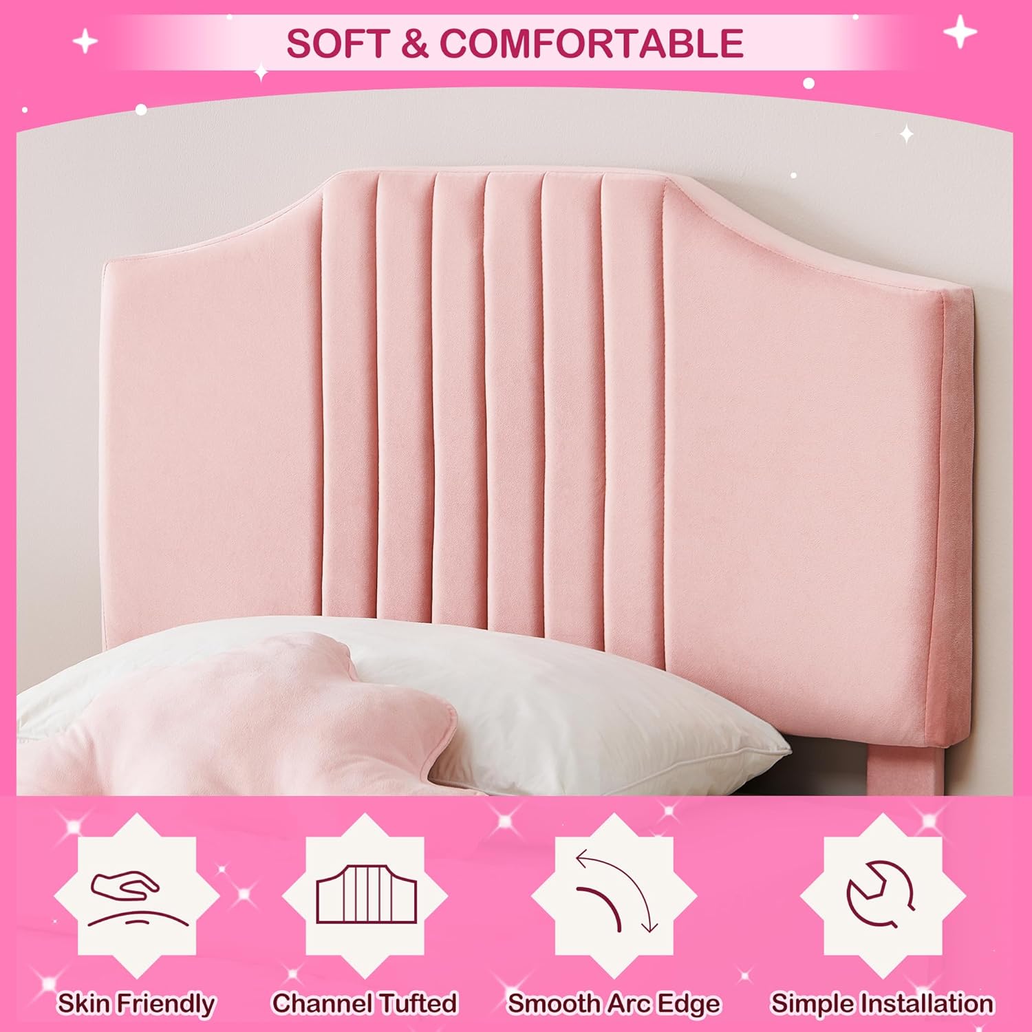 IDEALHOUSE Twin Bed Frame Upholstered Platform with Headboard, Strong Frame and Wooden Slats Support, Velvet Fabric Wrap, Non-Slip and Noise-Free,No Box Spring Needed, Easy Assembly, Light Pink