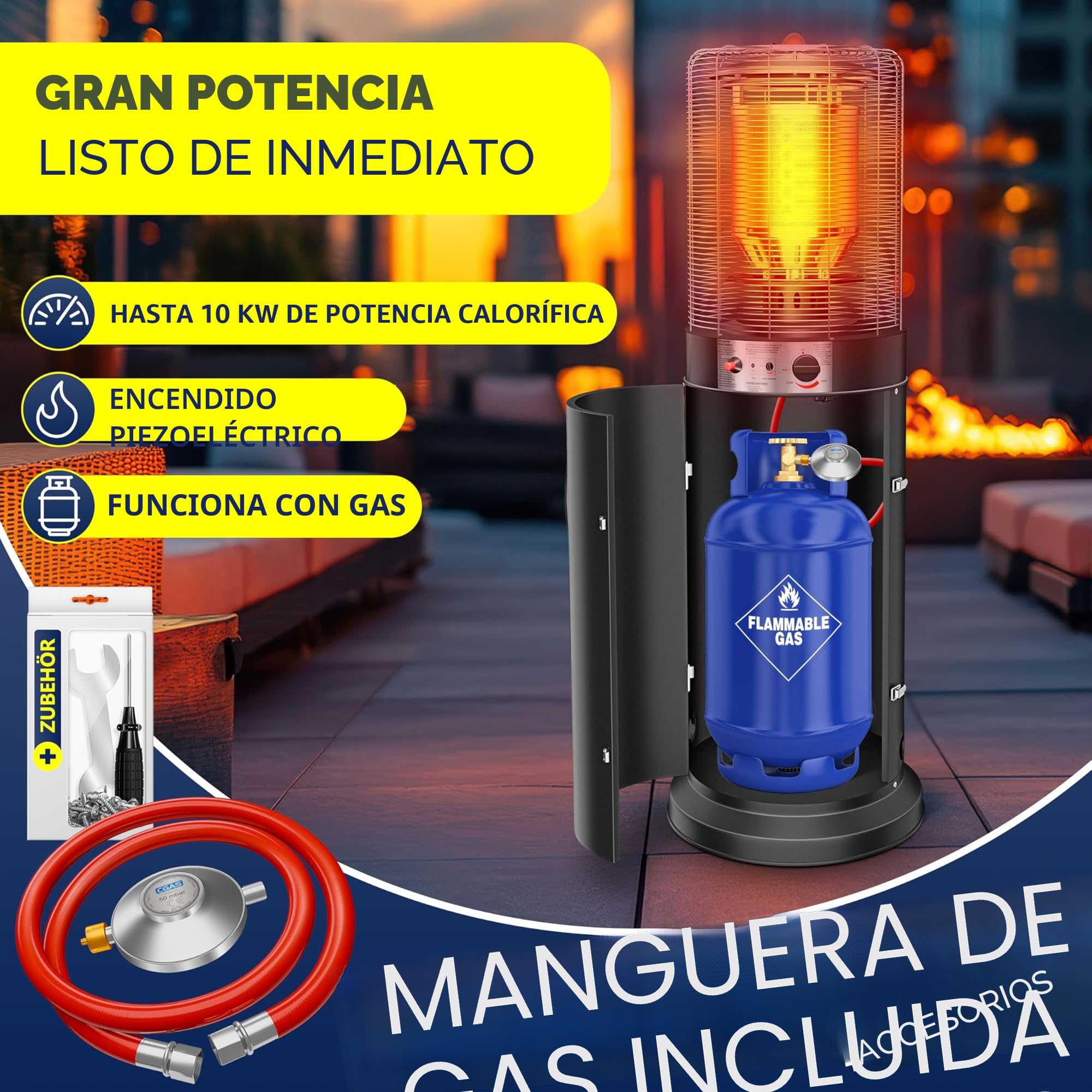 KESSER® Calefactor radiante de gas KE12, calefactor de patio, de exterior, 12,5 kW de gas, radiante, incl. cubierta projoectora acero inoxidable, negro