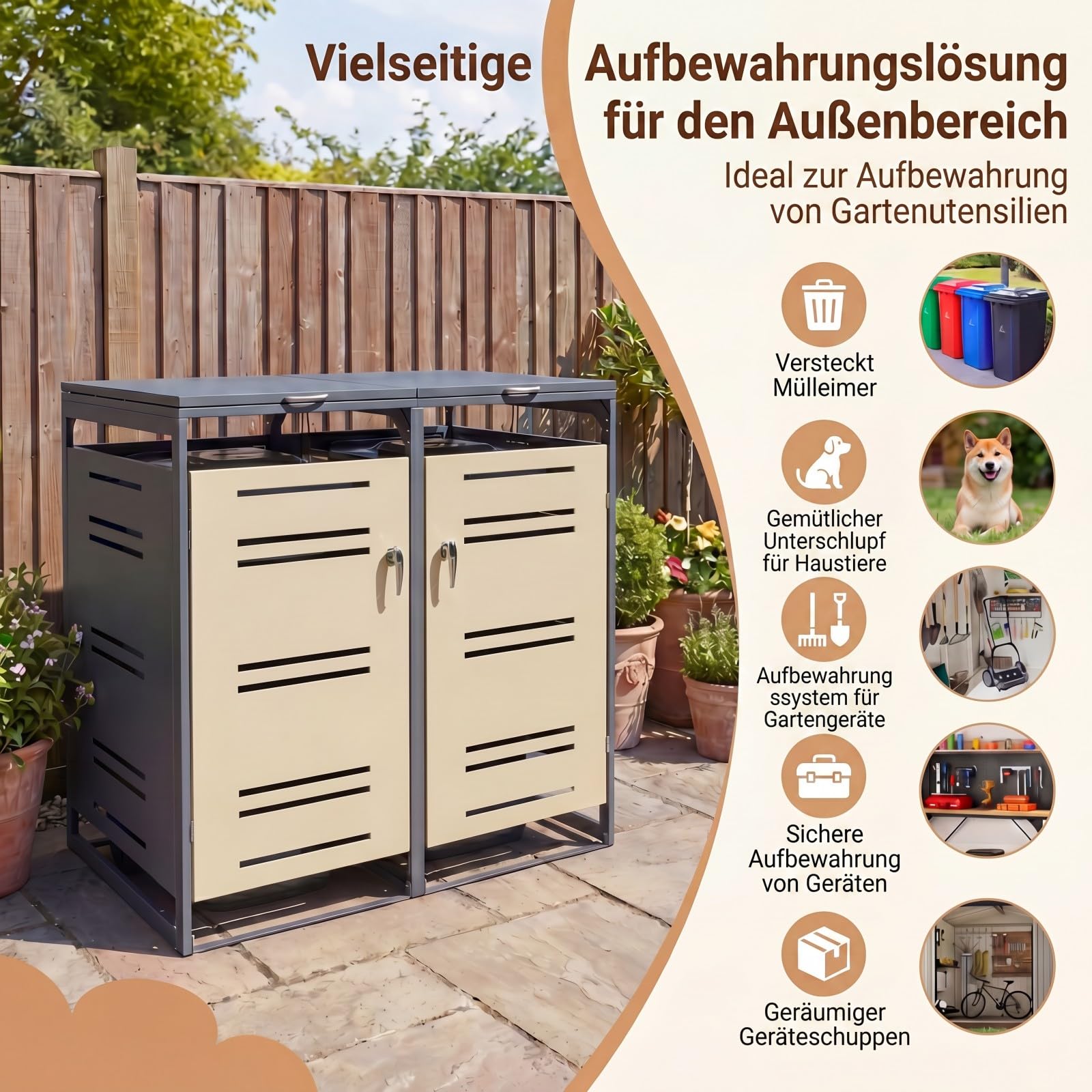 GYMAX Mülltonnenbox 2er, Mülltonnenhaus für 2X Tonnen 120-240 Liter, Mülltonnenverkleidung mit abschließbarer Tür & Gasdruckfeder, Mülltonnenhäusschen, Mülleimerboxen, Aufbewahrungsbox (Grau+Gelb)
