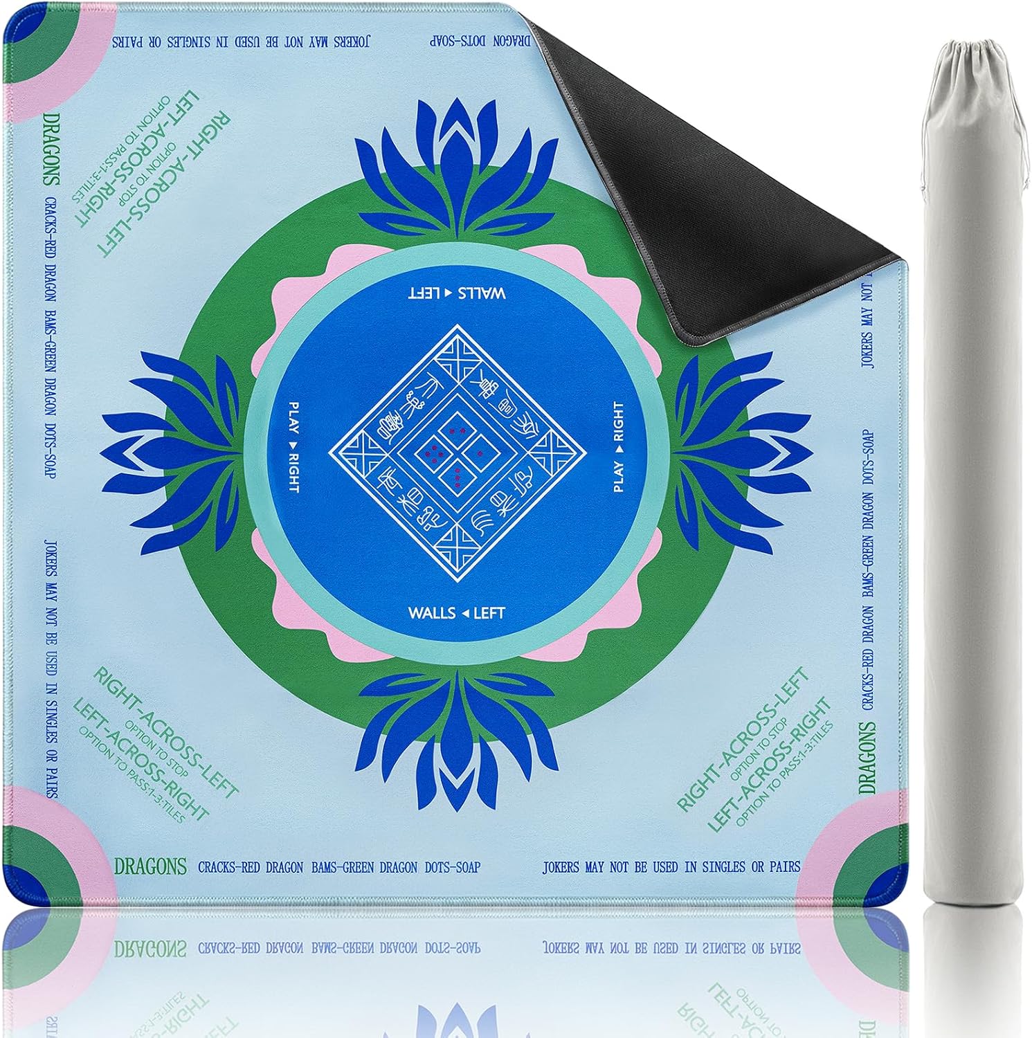 Mahjong Mat with Rules, 32.2 Inch Square Neoprene Mahjong Mats for Table, Quiet Noise Reduction Mah Jong Mat, Rubber Anti-Slip Base for Board Games, Tiles Game & Dominoes Green