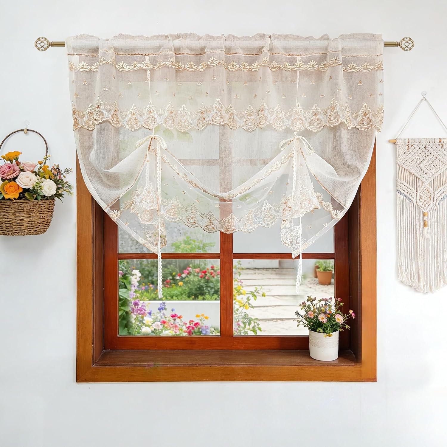 Gxi Tie Up Sheer Balloon Curtain Valance for Kitchen Bathroom Light Filtering Lace Curtain Embroidery Floral Farmhouse Valance Roman Shade Living Room Small Window 1 Panel,W59 x L39 inch