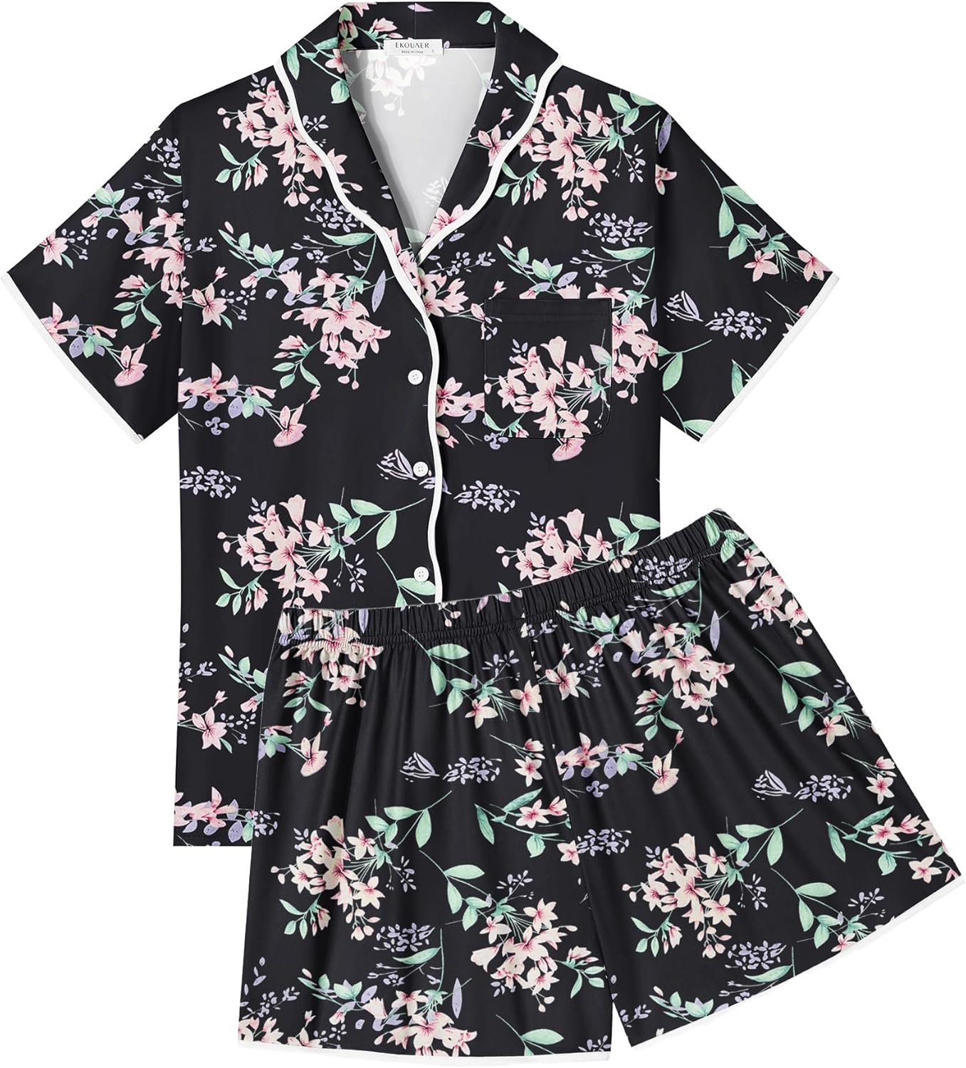 Ekouaer Pajamas Set for Women Short Sleeve PJ Set Button Down Soft Sleepwear Shorts Lounge Set - Image 3