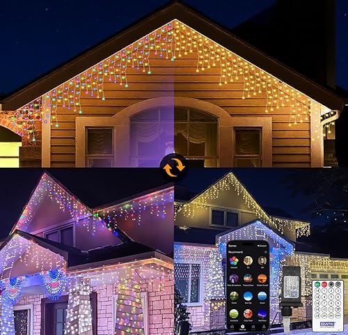 Miniatura 15 de Luces LED de Carámbano de Navidad para Exteriores, 624 LED 18m (59 pies) 8 Modos con 96 Gotas Luces de Carámbano Blanco Cálido, Guirnalda de Luces
