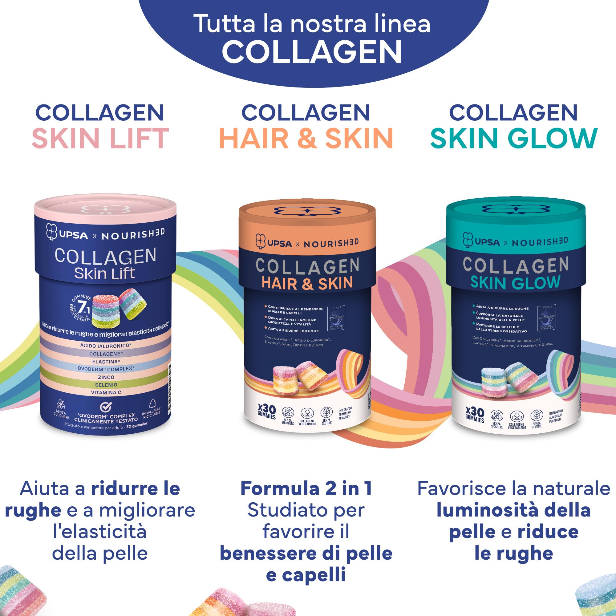 UPSA x Nourished Collagen Skin Glow, con Niacinamide 60 Gummies, Bipacco | Integratore Alimentare con Ovoderm, Niacinamide e Vitamina C, Caramelle Gommose Gusto Frutta, Senza Zucchero, Vegetariano