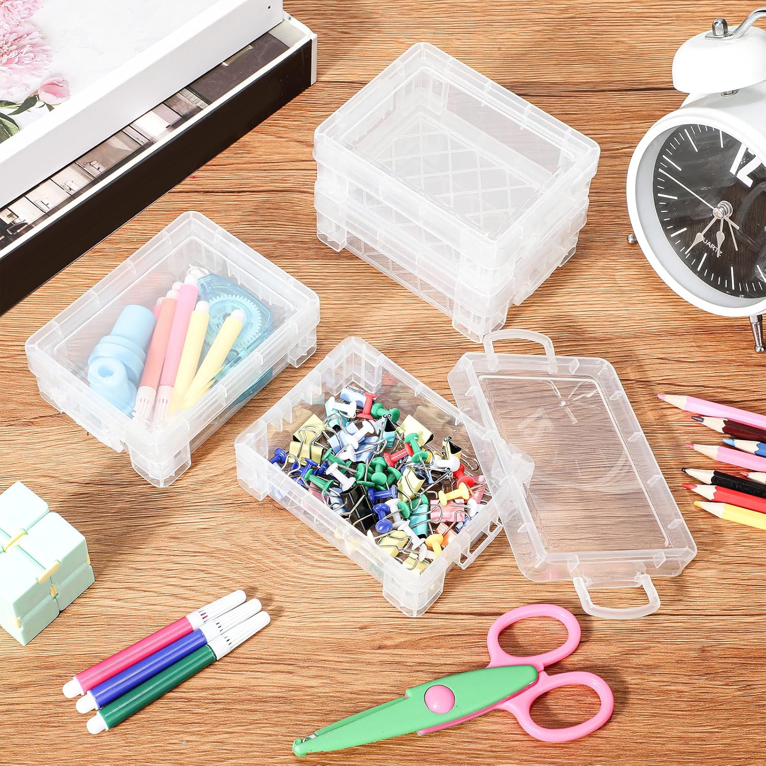 Suzile 50 Pcs Plastic Crayon Box with Lid 4.8 x 3.4 x 1.6 In Crayon Storage Containers Bulk for Office School Classroom Supplies Pen Pencil Art Crafts(Clear)