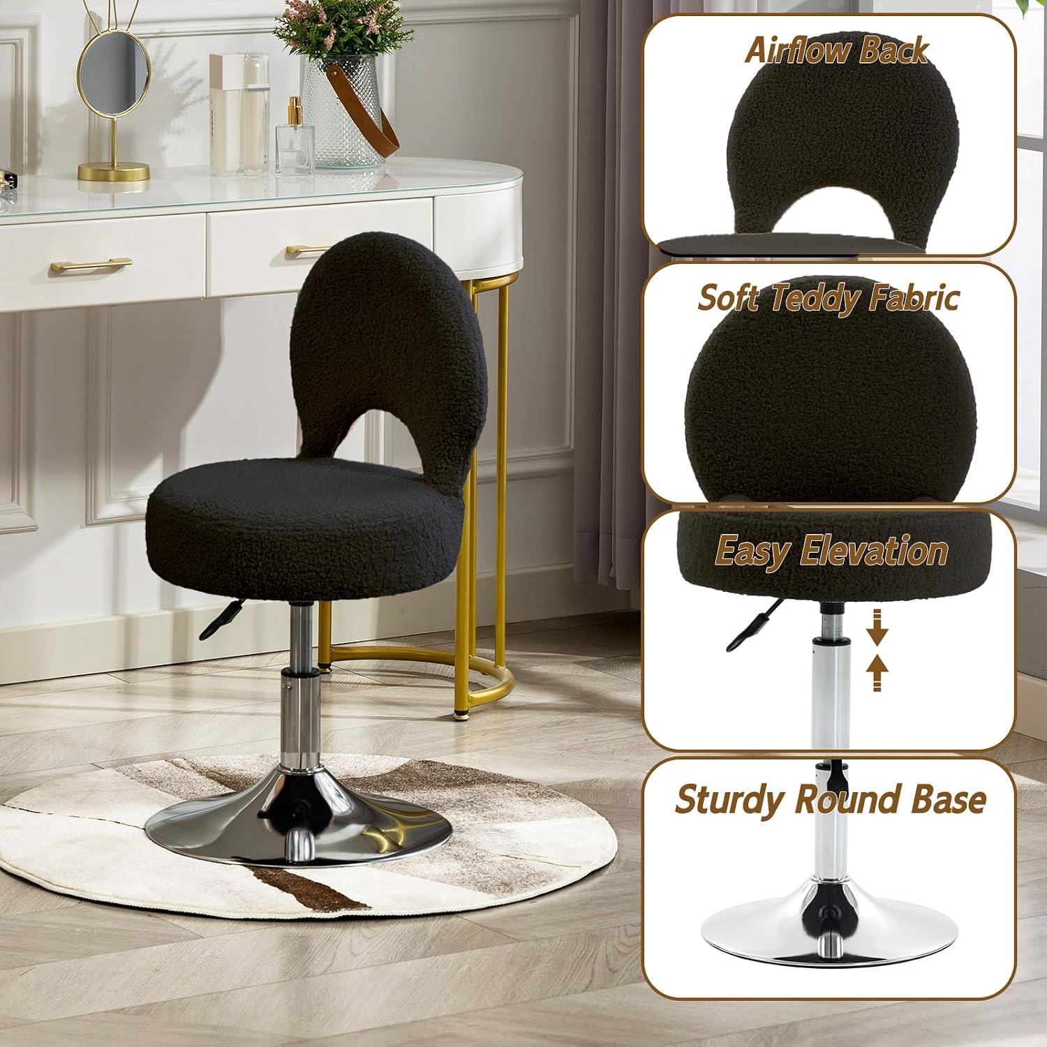 Adjustable Small Vanity Stool Chair with Folding Back for Teenager | 360° Swivel Vanity Chair for Makeup | Teddy Fabric Ottoman Stool for Bedroom Living Room | Small | Black