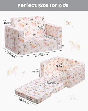 BEJOY Toddler Chair, 2-in-1 Flip Out Kids Sofa Bed, Beige with Unicorns