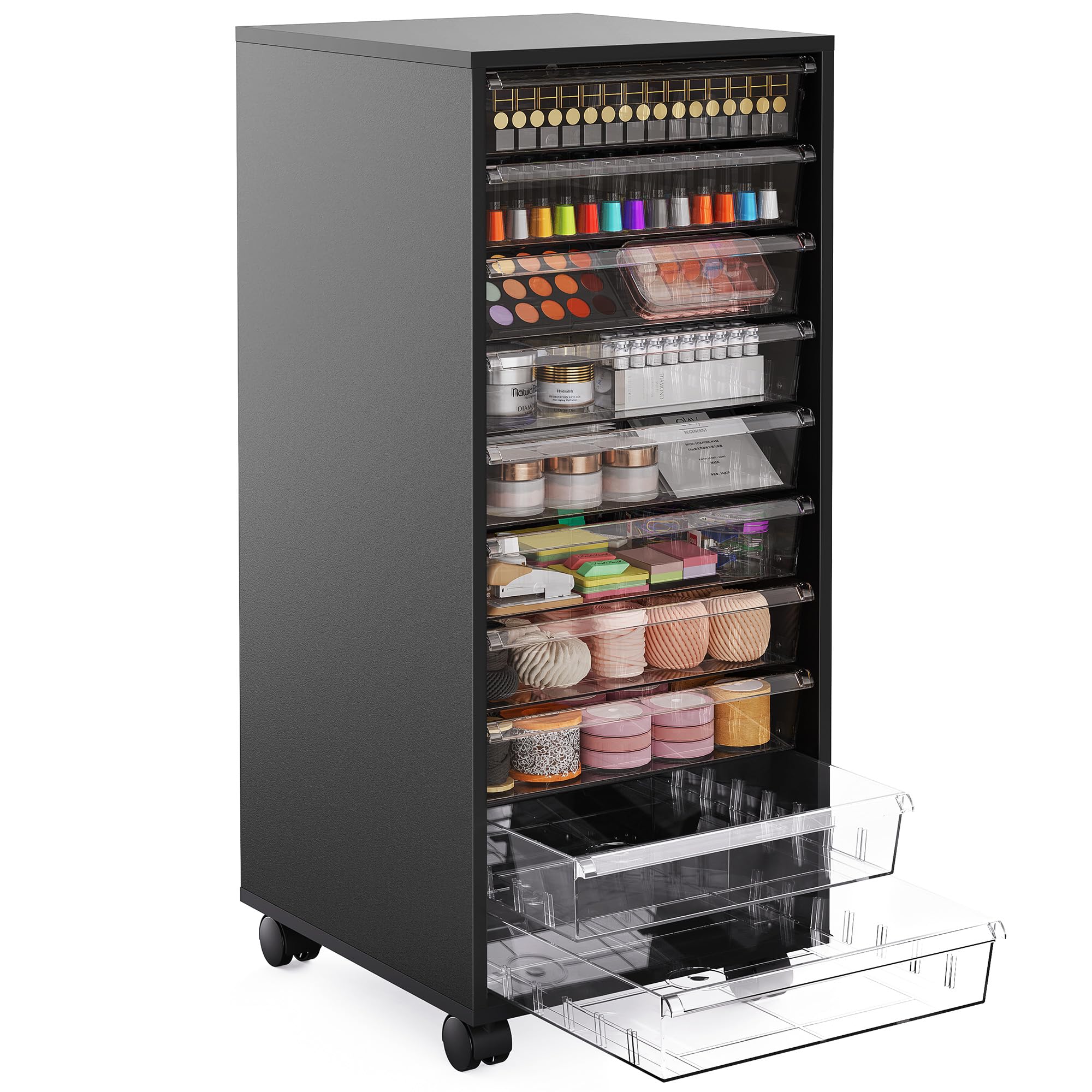 Photo 1 of WOPITUES Storage Drawer Cart, Mobile Storage Cabinet, Makeup Storage with 10 Large Clear Drawers, Utility Wooden Rolling Cart on Wheels, for Cosmetic, Art Craft, Office Supplies, Toy, Black