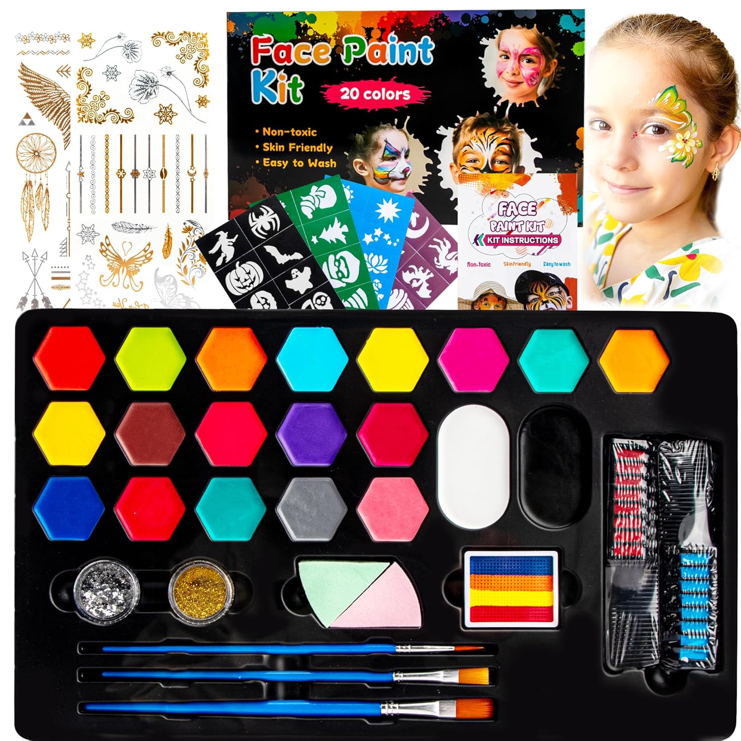 Face Painting Kit for Kids – 20 Colors Water Based Non Toxic Face Paint Kit, Face Painting Kit Professional Includes Hair Chalks,Brushes,Stencils & Tattoos – Party Halloween Christmas Makeup Kit