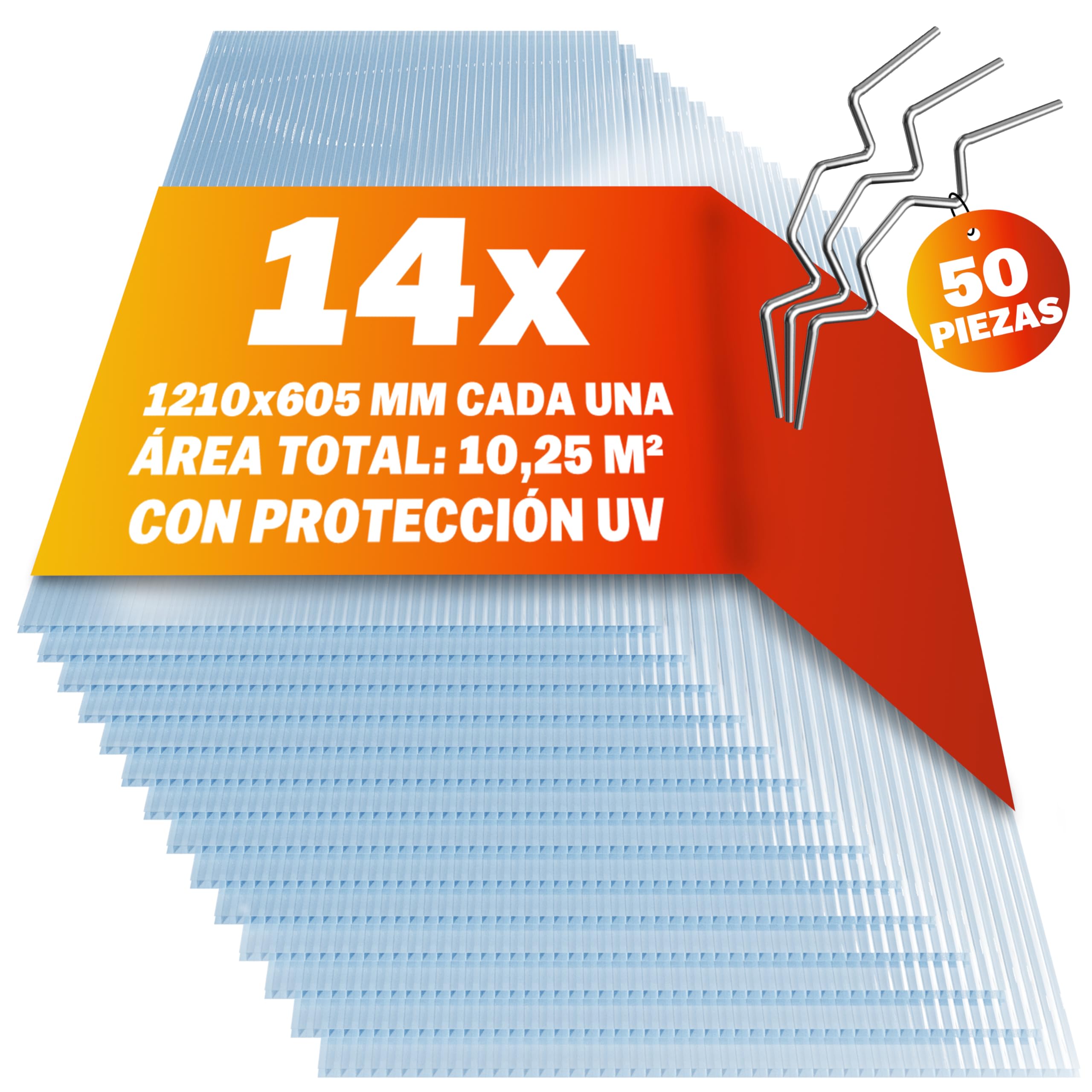 Gardebruk Set 14x Placas Policarbonato Doble Pared +50x Abrazaderas Acero Inox. Multiusos 10,25m²