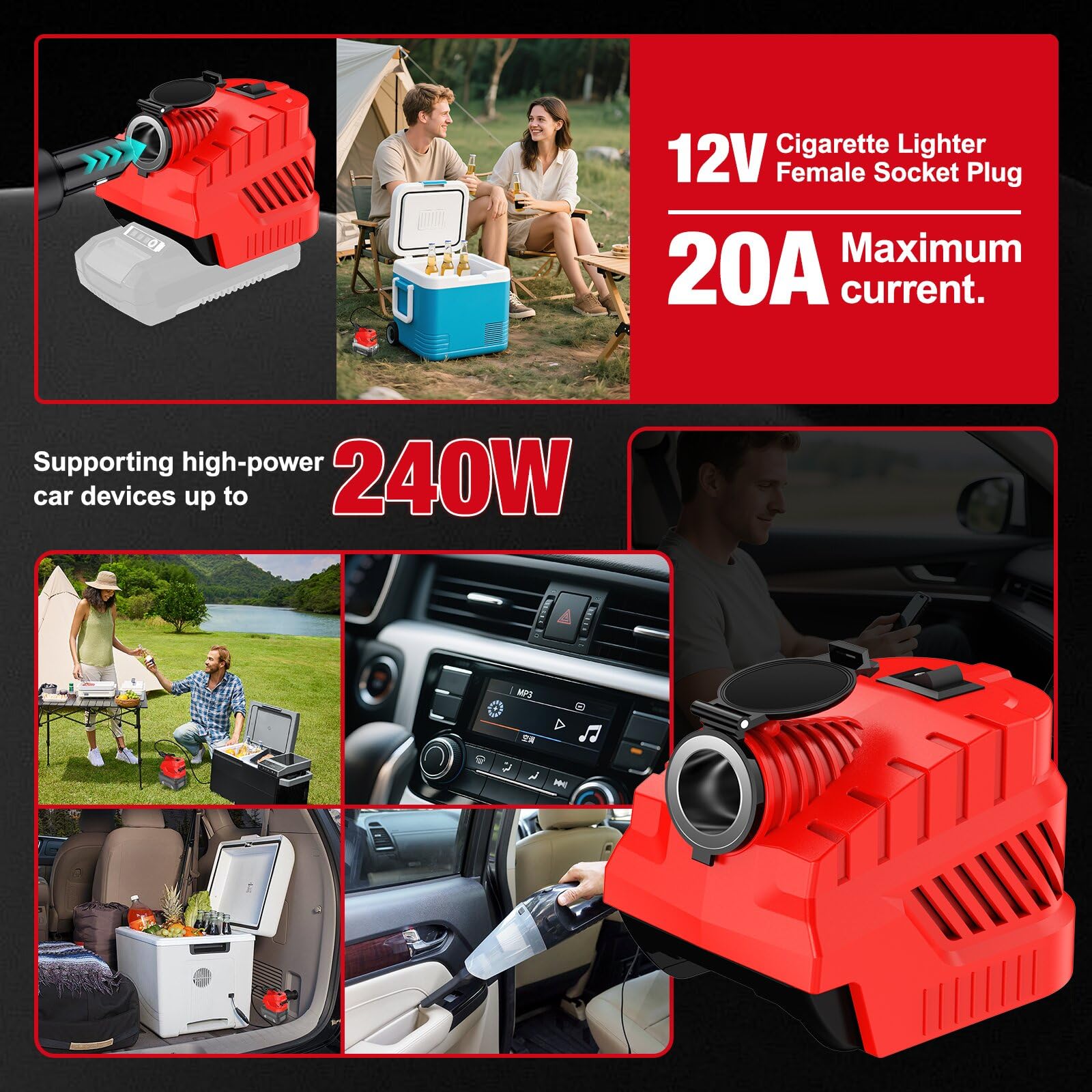 Step Down - Convertidor de batería para Einhell (18 V a 12 V) | Fuente de alimentación de 240 W para dispositivos de vehículo para nevera de coche, cargador USB Type-C