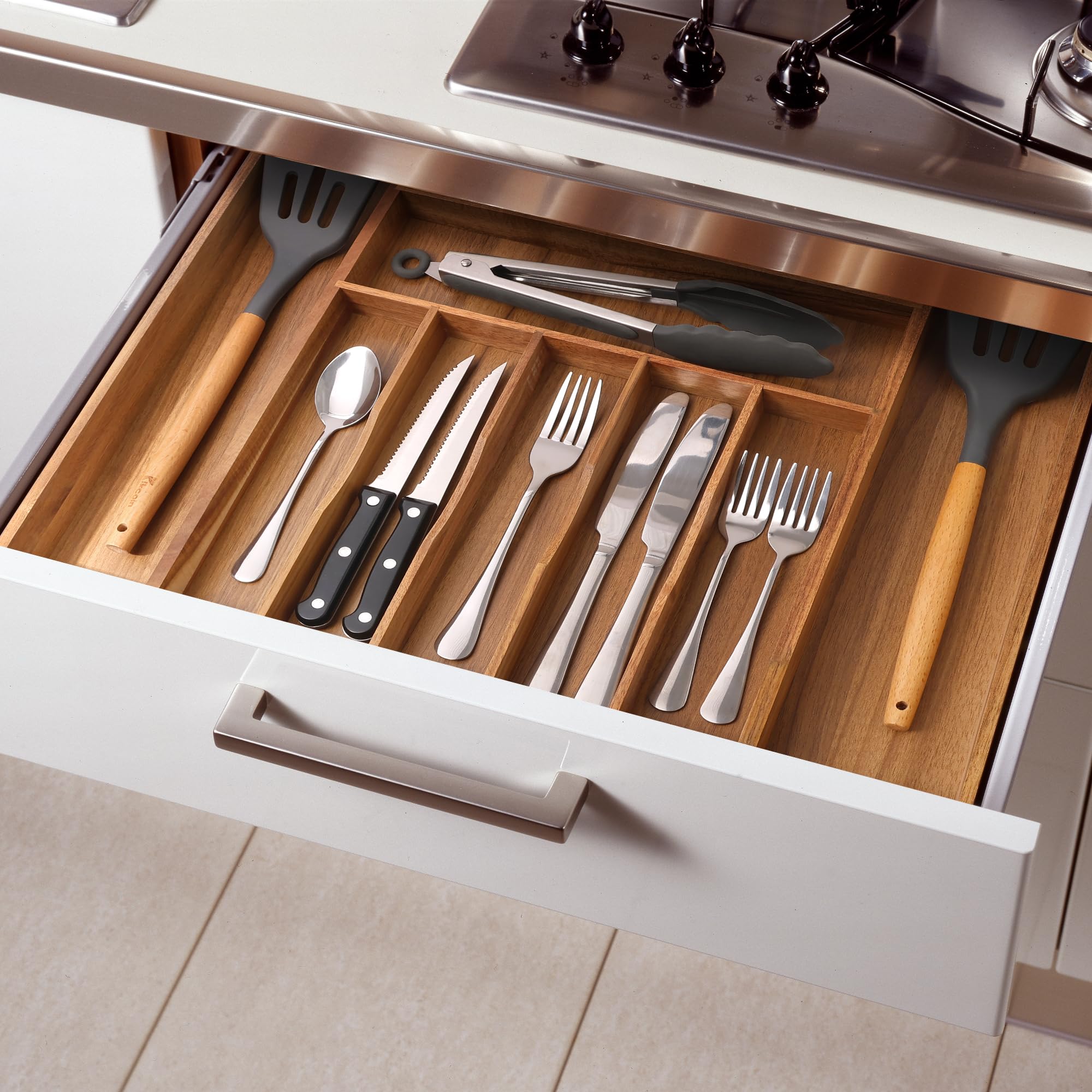 Großer Premium-Akazien-Besteck-Organizer – erweiterbarer Schubladen-Organizer und Utensilien-Organizer – 43,2 x 50 cm Besteckkasten mit Trennwänden für Küchenutensilien und Besteck (7–9 Fächer)