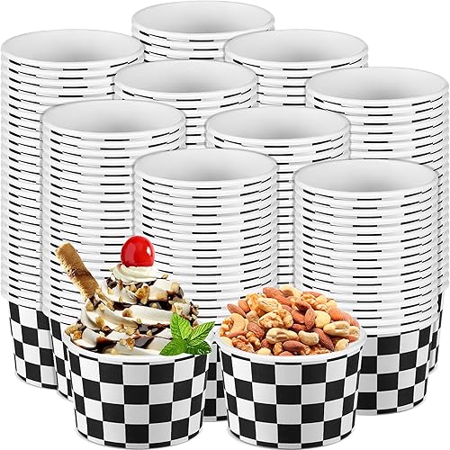 Bokon 100 tazas de helado de papel a cuadros en blanco y negro de 9 onzas, cuencos de postre desechables para aperitivos, tazas de sopa para niños y