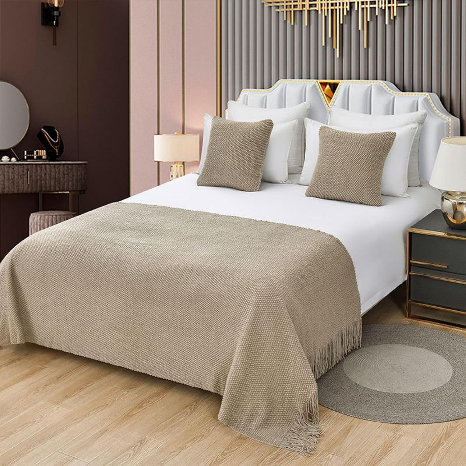 Bed Runners & Scarves Khaki Bed End Towel for Foot of Bed Throw Blanket Bedroom Bedspread Protection Hotel Bed Scarf for Living Room Wedding Dormitory Decor, Double/King/Queen
