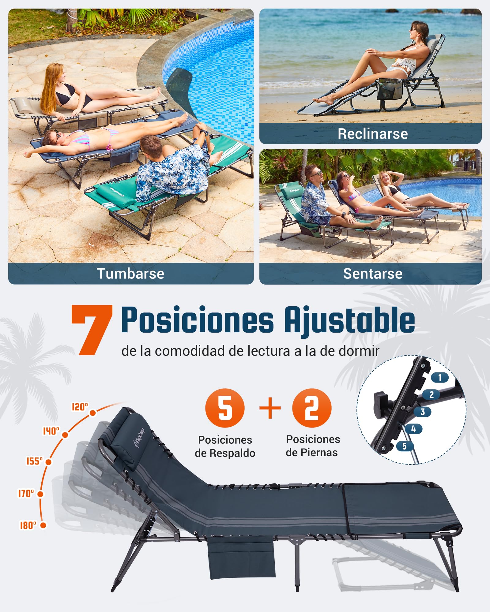KingCamp Tumbona Plegable con Agujero para Lectura, Respaldo Ajustable 5 Posiciones, Silla Reclinable de Jardín con Correa, Cama Solar Portátil para Playa Terraza Piscina Camping Cama Supletoria