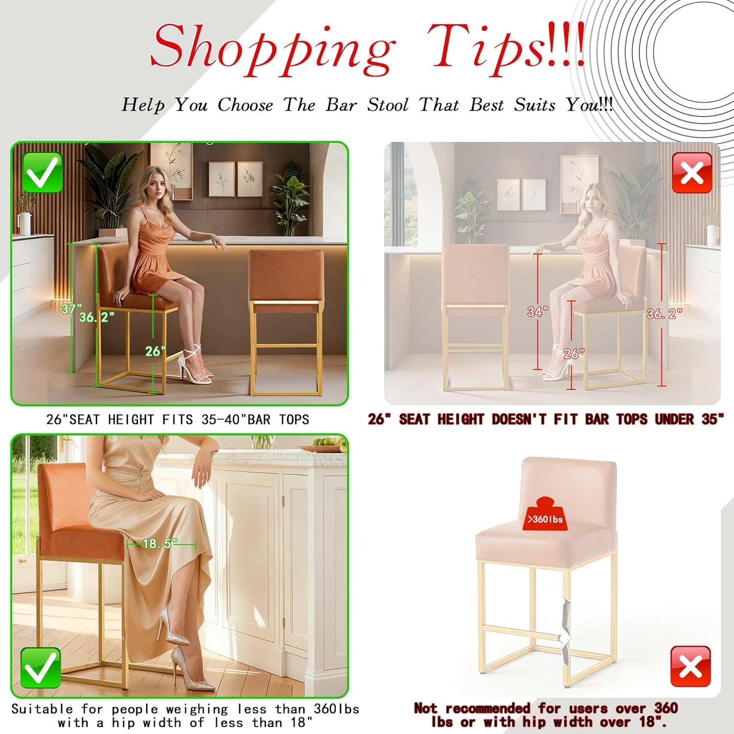 Counter Height Bar Stools,Bar Stools Set of 6,26" PU Leather Modern Kitchen BarStools with Backs,Bar Chairs with Metal Gold Frames,Camel Brown