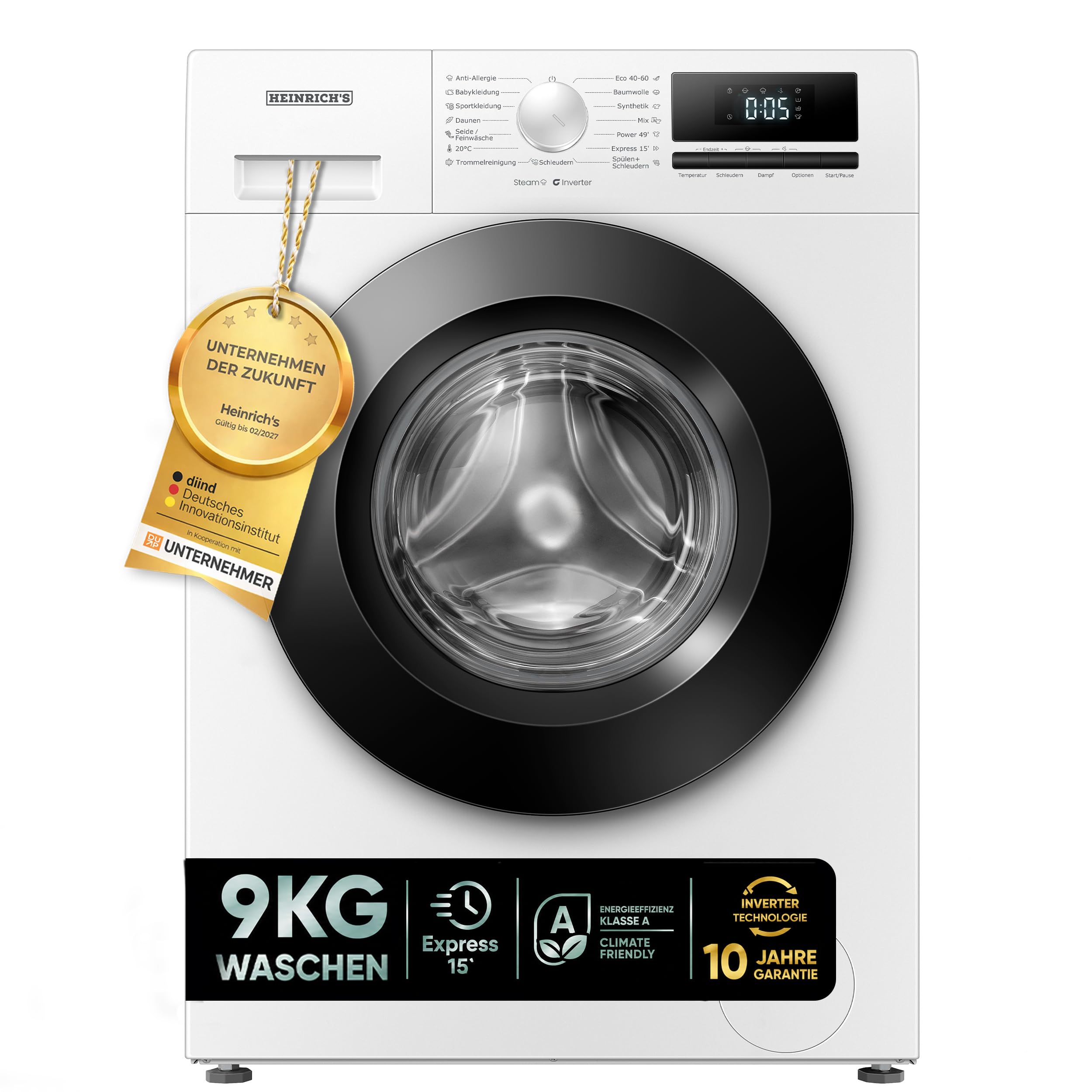 HEINRICHS Waschmaschine mit Dampffunktion, 9kg, 1400 U/min, Inverter Motor, Energieklasse A, weiß