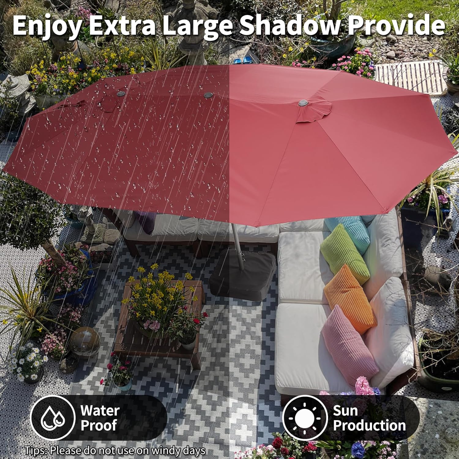 15FT Large Patio Umbrella with Crank Handle,Double-Sided Rectangular Outdoor Umbrella for Pool, Garden, Deck, Lawn & Market (Claret Red)