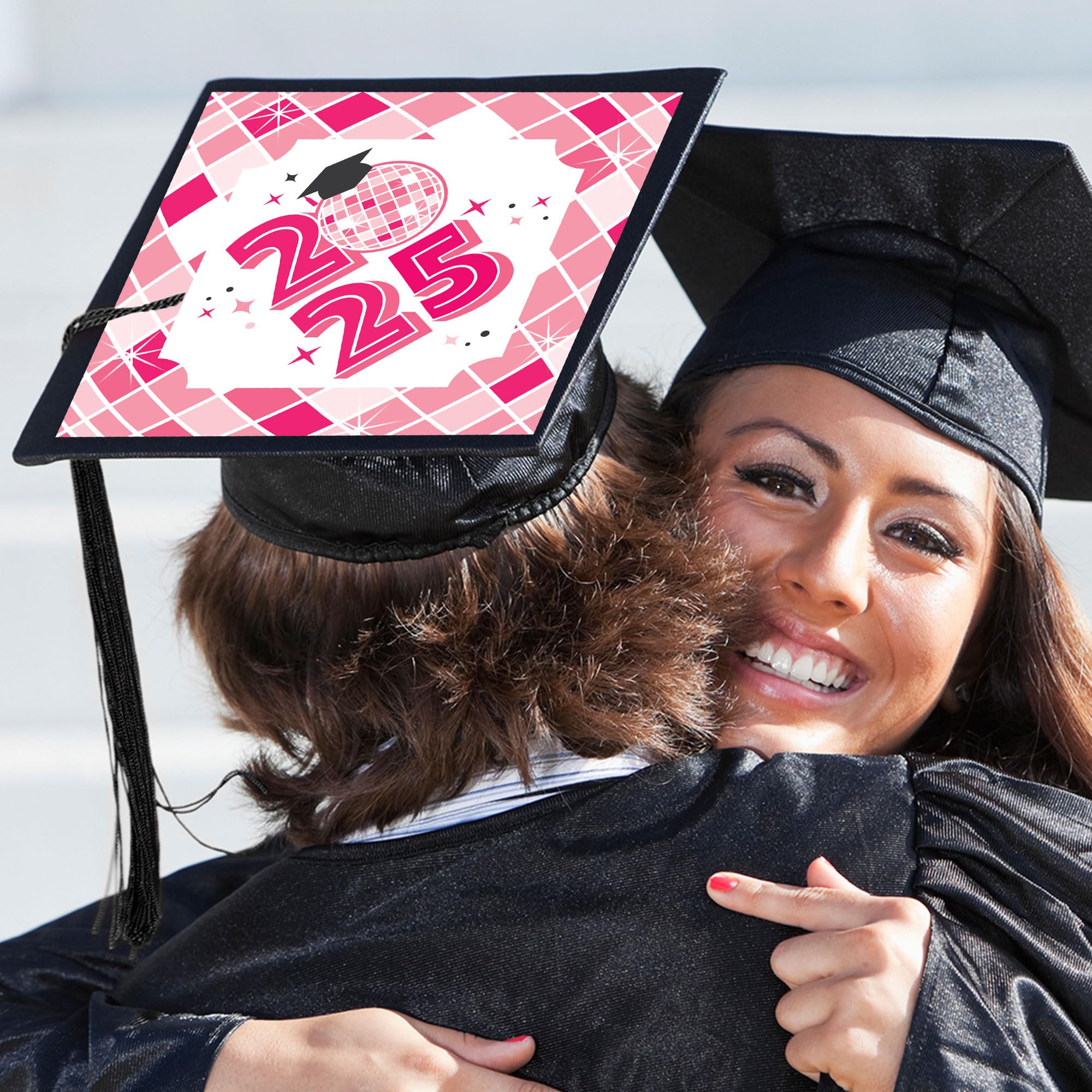 Big Dot of Happiness Pink Disco Ball - 2025 Graduation Cap Decorations Kit - Grad Cap Cover