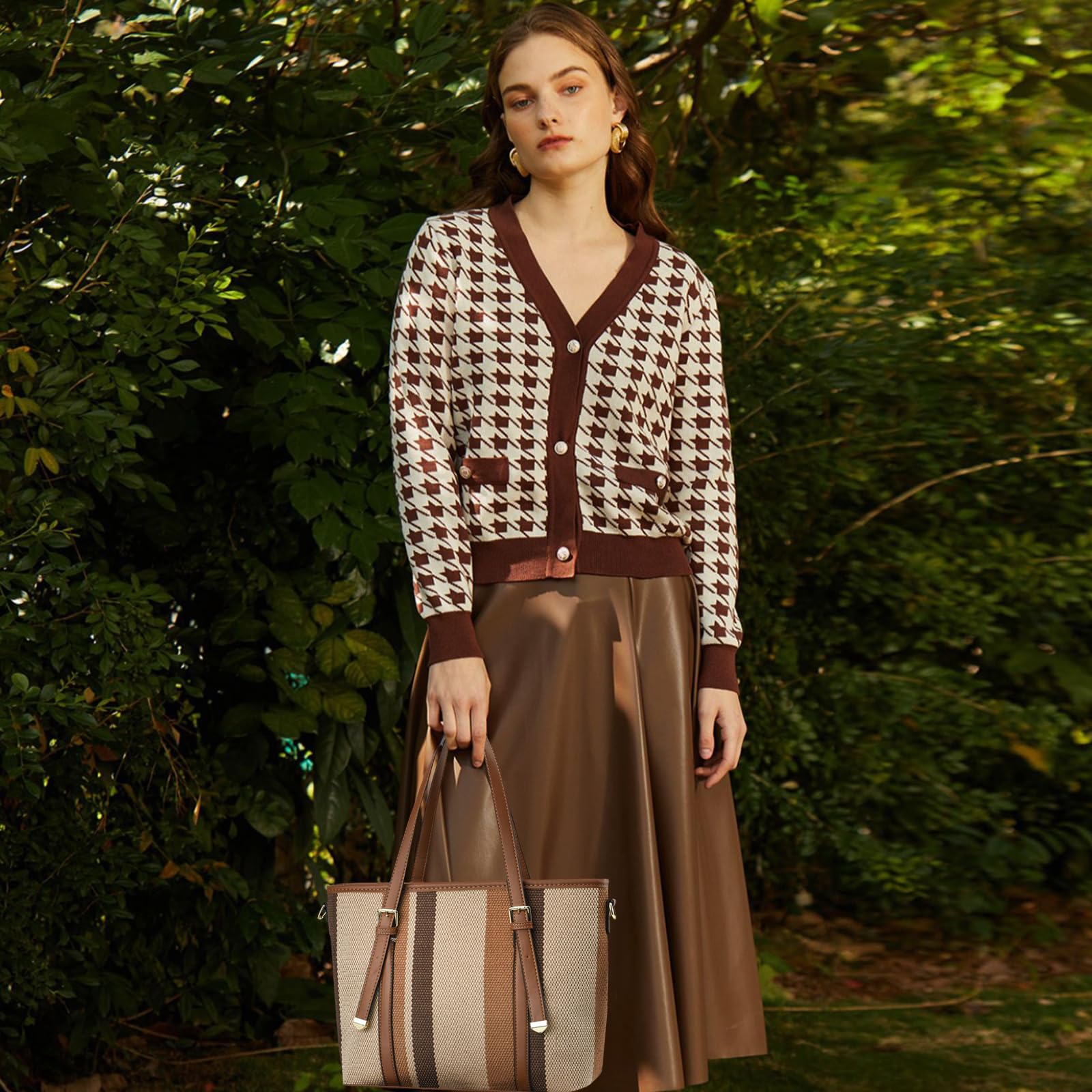 NICOLE & DORIS Ensemble Sac à Main Sac Fourre Tout Rayé Grand Sac Bandoulière Cabas Sac D'épaule Cuir PU 3 Pièces Sac avec Portefeuille pour Travail Shopping Voyage