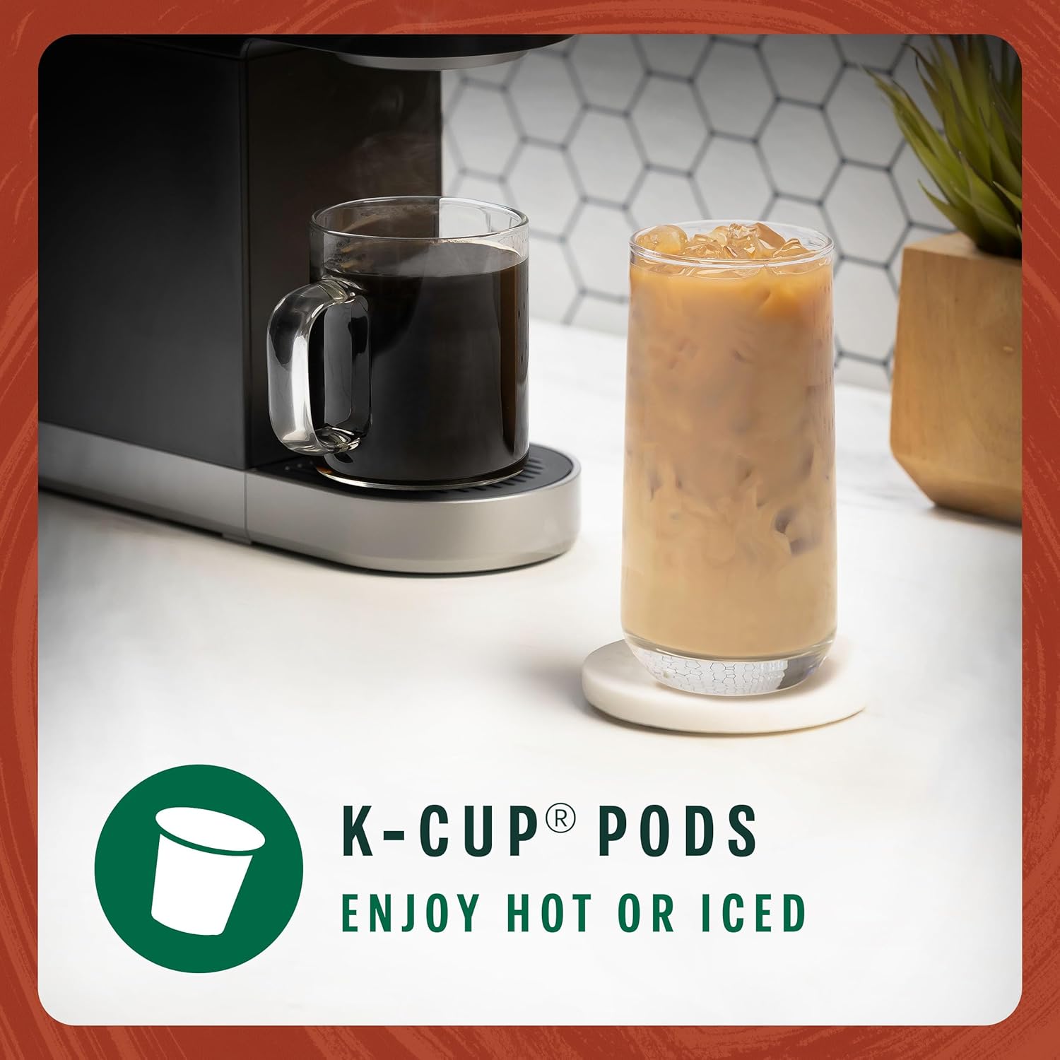 A Keurig coffee brewer dispensing hot coffee into a clear mug, with a glass of iced coffee next to it. Text overlay reads 'K-Cup Pods Enjoy Hot or Iced'.