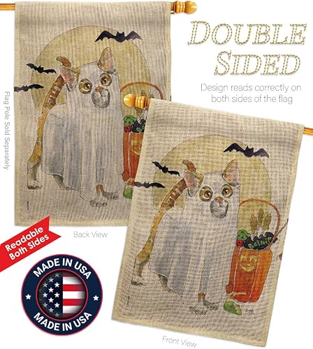 Miniatura 3 de Breeze Decor Paquete de bandera de arpillera con diseño de gato fantasma, para otoño, Halloween, brujas, truco, truco o trato, noche espeluznante,
