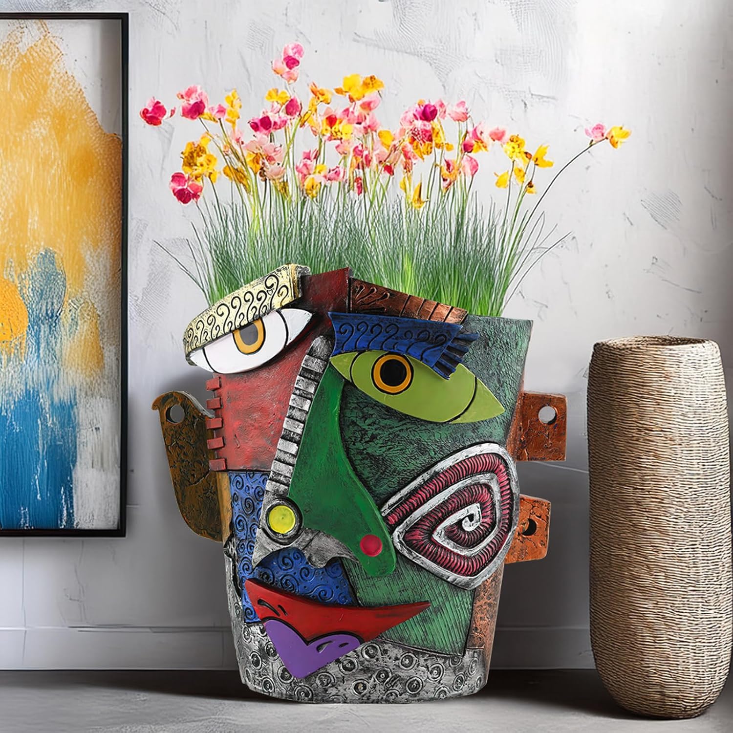 Picasso Flower Pot Colorful Face Art Abstract Resin Flower Pot Unique Face Flower Pot Head Planter for Indoor Outdoor Plants Patio Home Art Decoration (Frown)