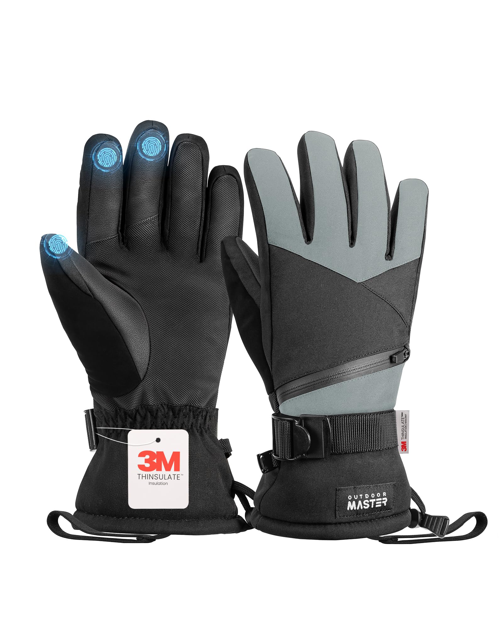 OutdoorMaster Gants de Ski et de Neige pour Homme et Femme 3M Thinsulate, Gants d'hiver Chauds pour écran Tactile, Thermiques et imperméables avec Double Poche pour Le Ski, Le Snowboard, Les Sports