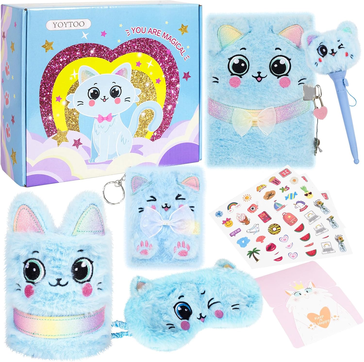 Cat Gifts for Girls, Kids Cat Plush Toys with Secret Diary, Ballpoint Pen, Eye Mask, Pen Holder, Stickers, Birthday Gifts for Little Girls Age 5 6 7 8 9 10-12 Years Old