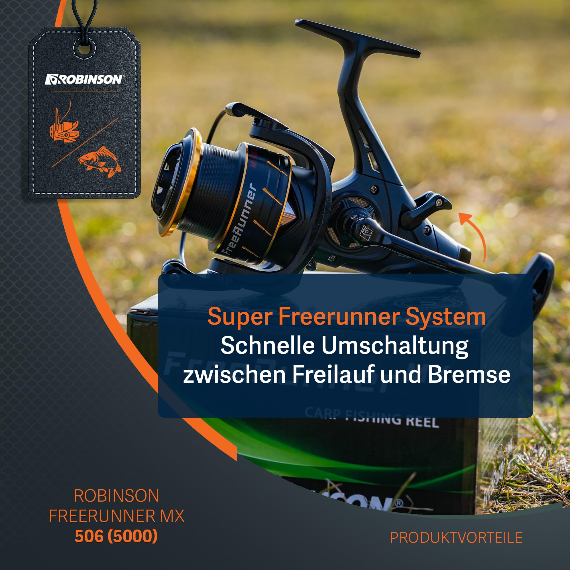 Robinson Angelrolle mit Freilauf - 6 Kugellagern - Verstärktem Getriebe und Rohr-Schnurfangbügel - CNC-Alu-Kurbel -10kg Bremskraft - Freerunner