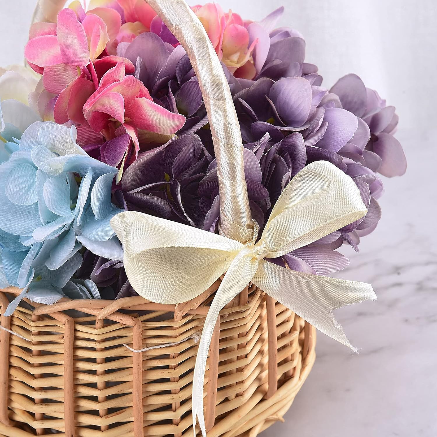 WYSRJ 2Pcs Wedding Flower Girl Basket, Wicker Rattan Flower Basket with Handle and Ribbon, Picnic Basket Woven Eggs Candy Basket for Wedding Home Garden Decor