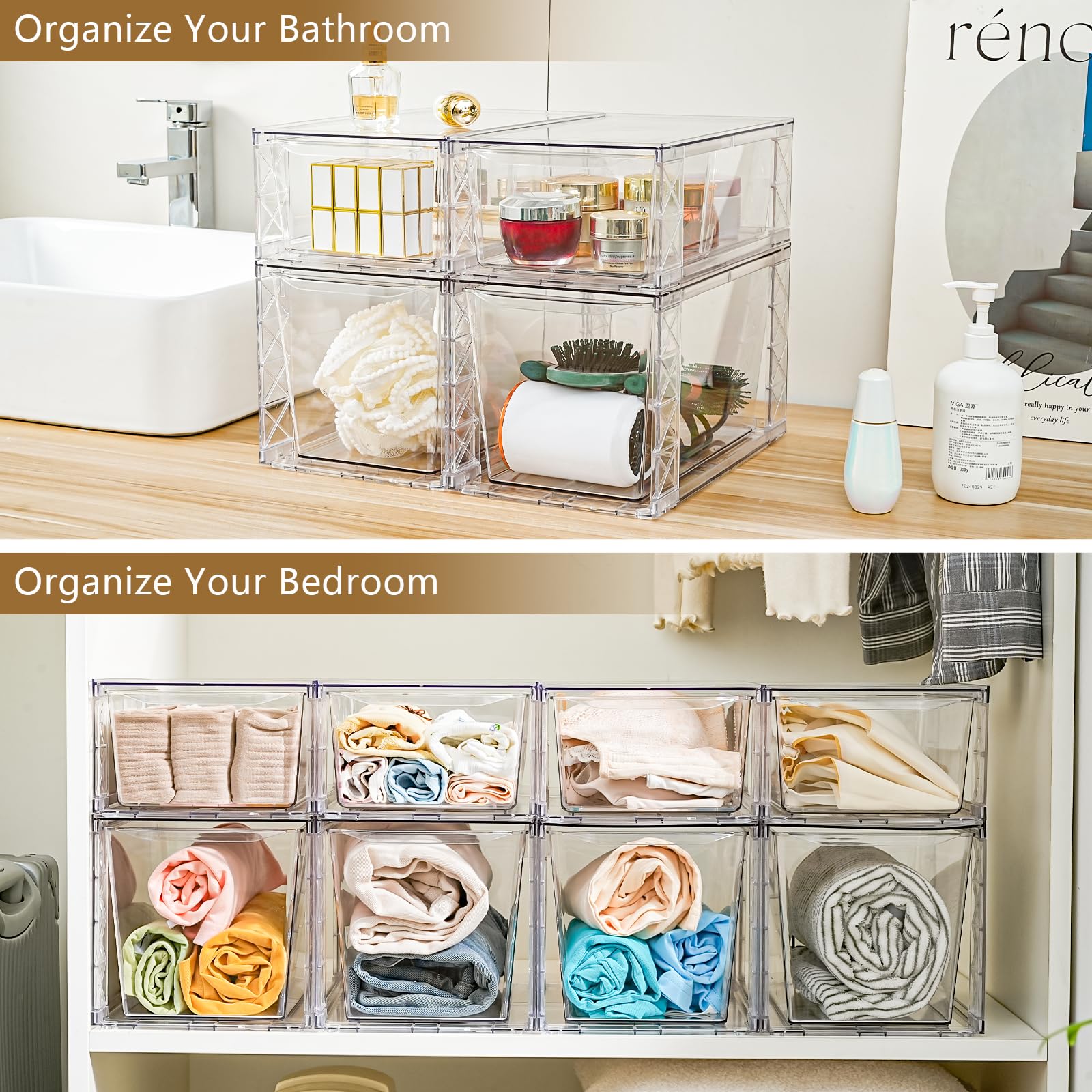 Confezione da 4 contenitori impilabili da cucina, organizer per dispensa e stoccaggio, contenitori trasparenti per alimenti con manici, facili da montare per bagno, cucina, dispensa, armadio, armadio