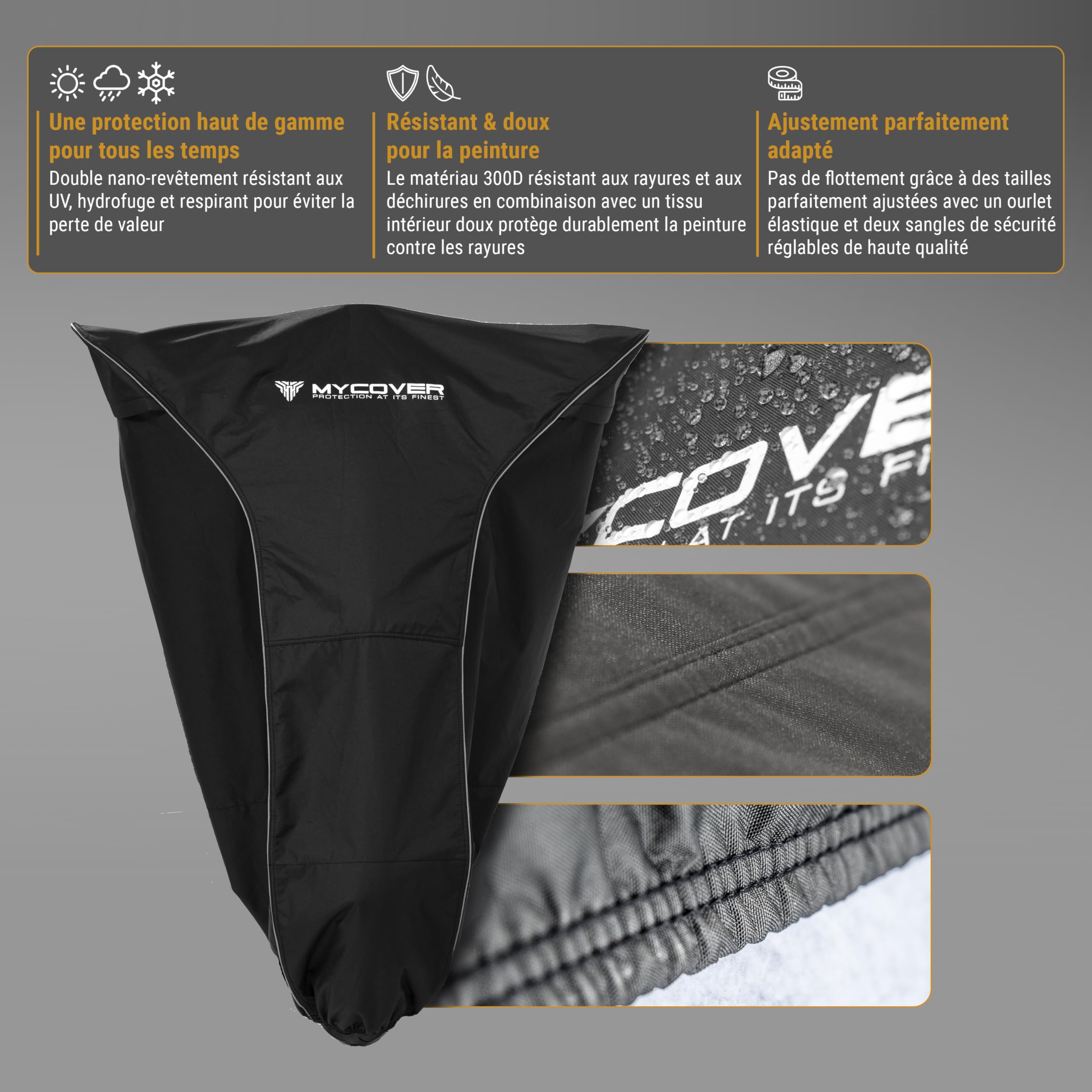 bâche Moto Premium Faite Main - 30 Tailles pour Plus de 2500 modèles - 100% ajustée, étanche, résistante à l'hiver & extrêmement résistante à la déchirure - Taille M+ (L215xB95xH130)