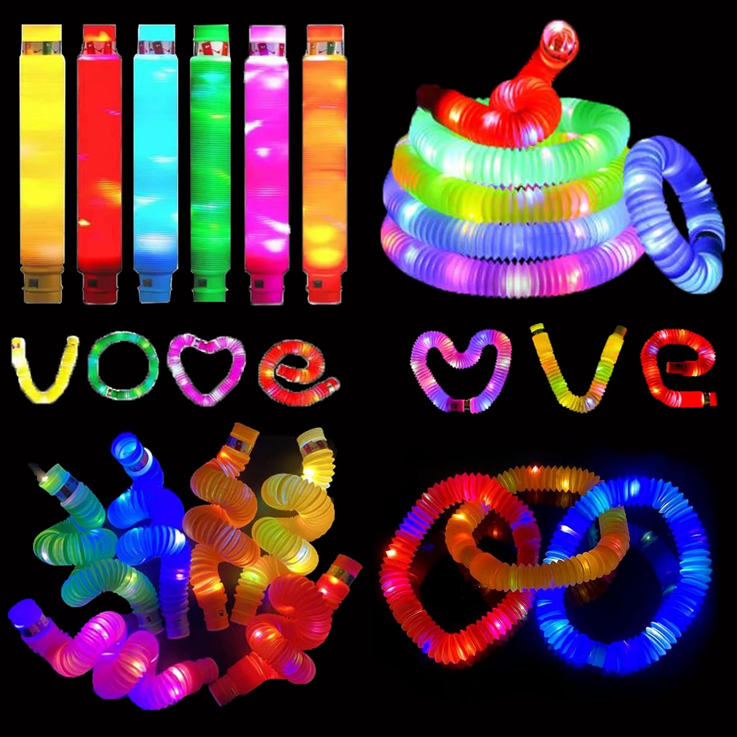 OceanWings 12PC Lights up Pop Tube Set for Kids Adults,valentines day Glow Sticks Stretchy Tube Fidget Toys for Classroom Prizes Birthday Concert Glow in the Dark Party Supplies Favor for Boy Girl