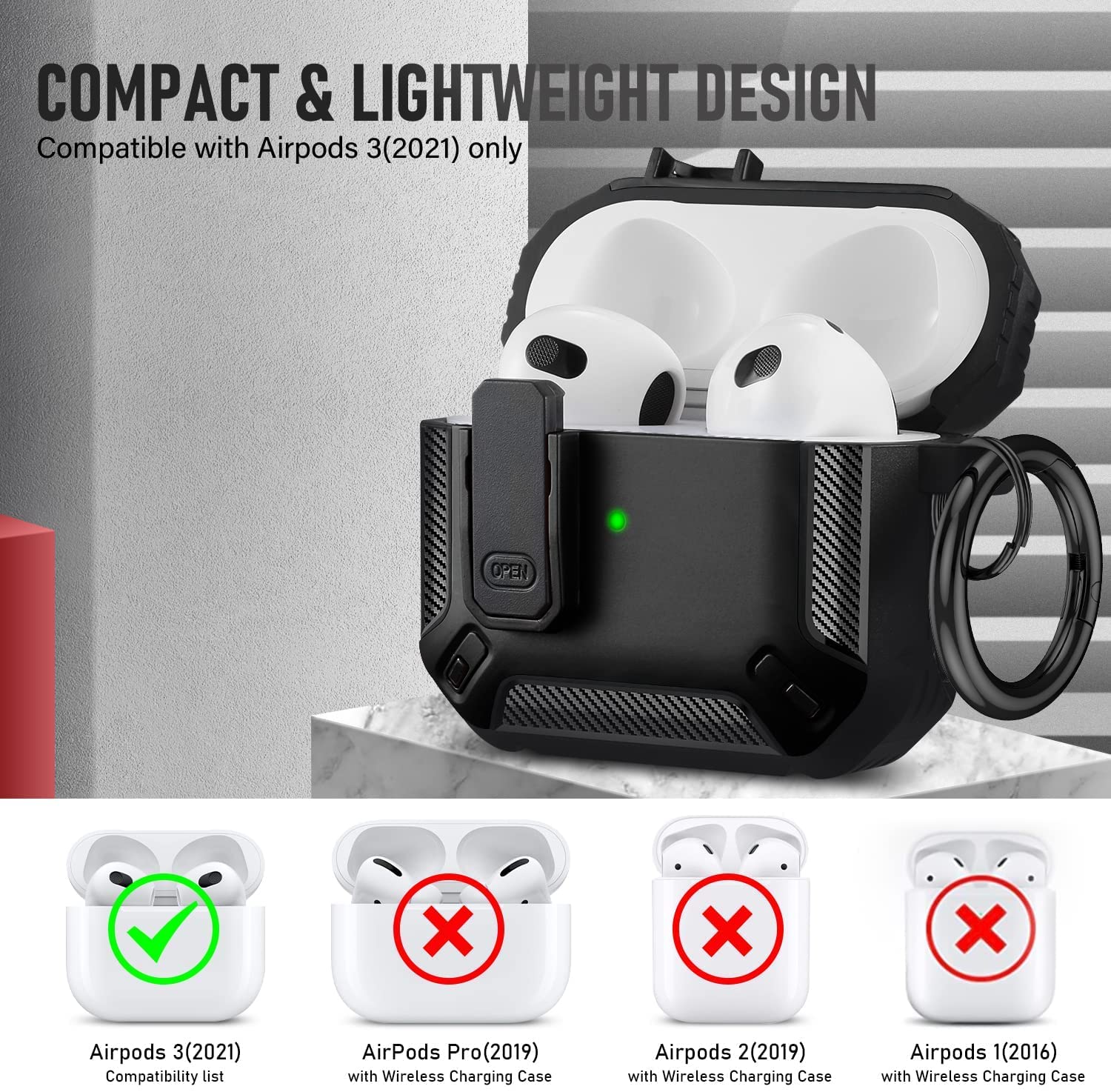 Custodia per Airpod 3 con clip di chiusura sicura, serie Military Armor a corpo intero robusto con portachiavi, custodia protettiva antiurto per AirPod 3°