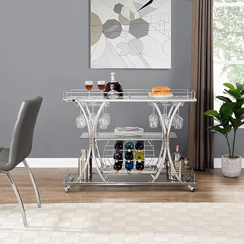 Miniatura 5 de Carritos de barra plateados con soportes de vidrio y estante para vino, carritos de servicio de bar casero de 3 niveles con estantes de vidrio,
