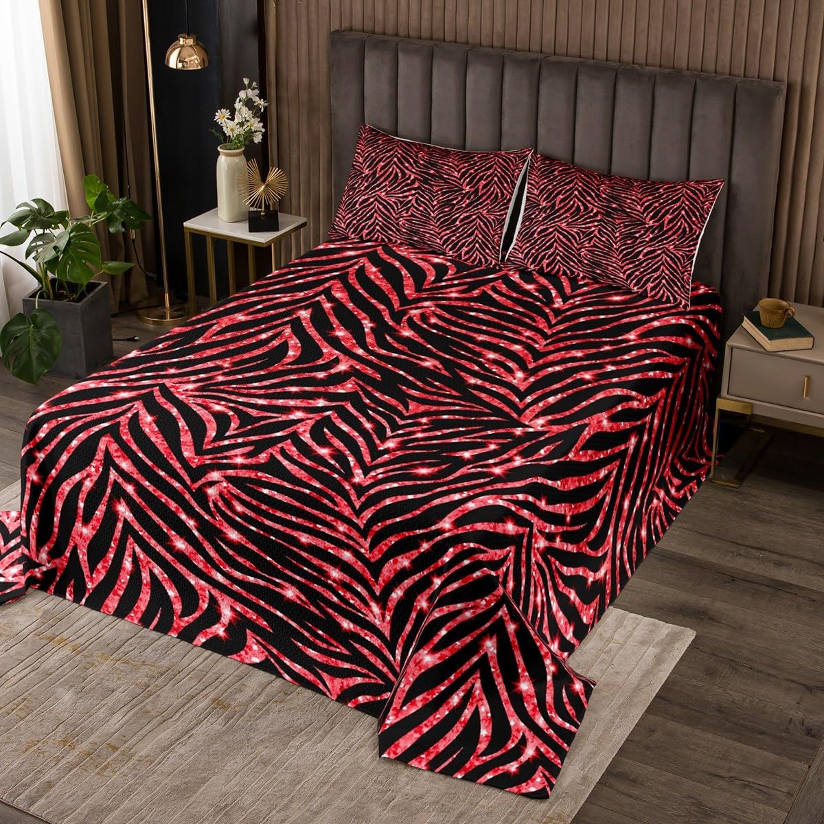 Feelyou Geometric Bedspread Twin Size Coverlet Set Modern Art Quilt Set Red Zebra Stripes Bedding Cover for Boys Girls Kids Adults(No Glitter)